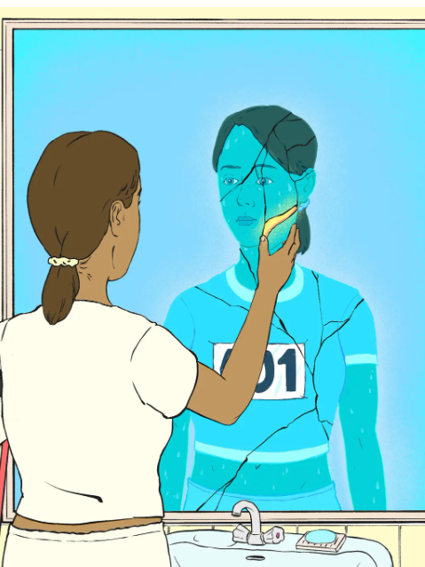 A nurse or technician drawing a yellow line on a transparent screen with a blue digital human body behind it, in a medical or laboratory setting.