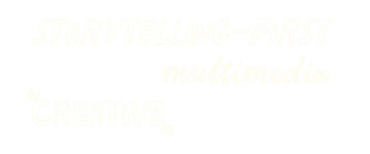 Black background with white text that reads "Storytelling - First multimedia Creative" in various fonts and sizes.