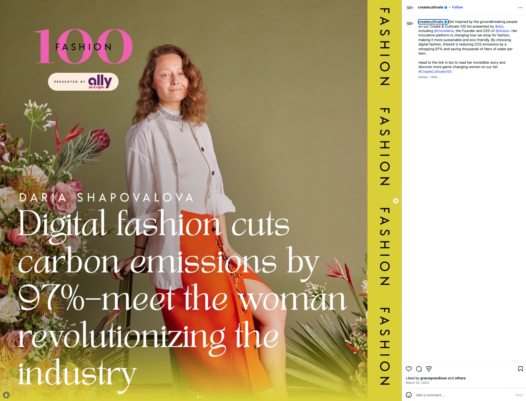 A woman with curly hair wearing a white shirt and bright orange skirt, standing among colorful flowers against a green background, promoting a feature on digital fashion's impact on carbon emissions.