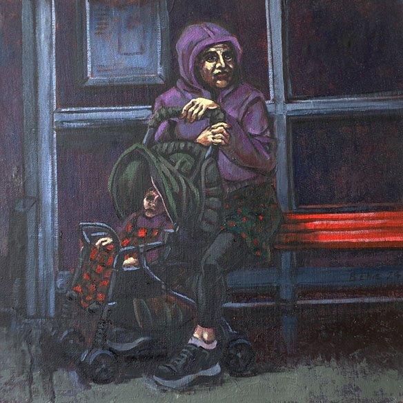Bus stop, night
Oil on canvas board