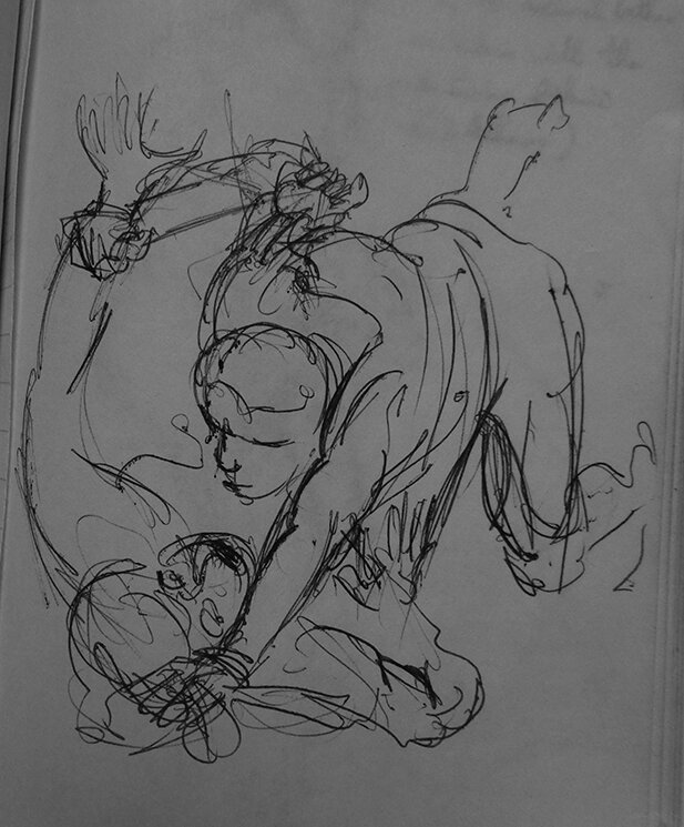 Drawing from Daumier's "The Thieves and the Donkey" Pen on paper 6"x 4"