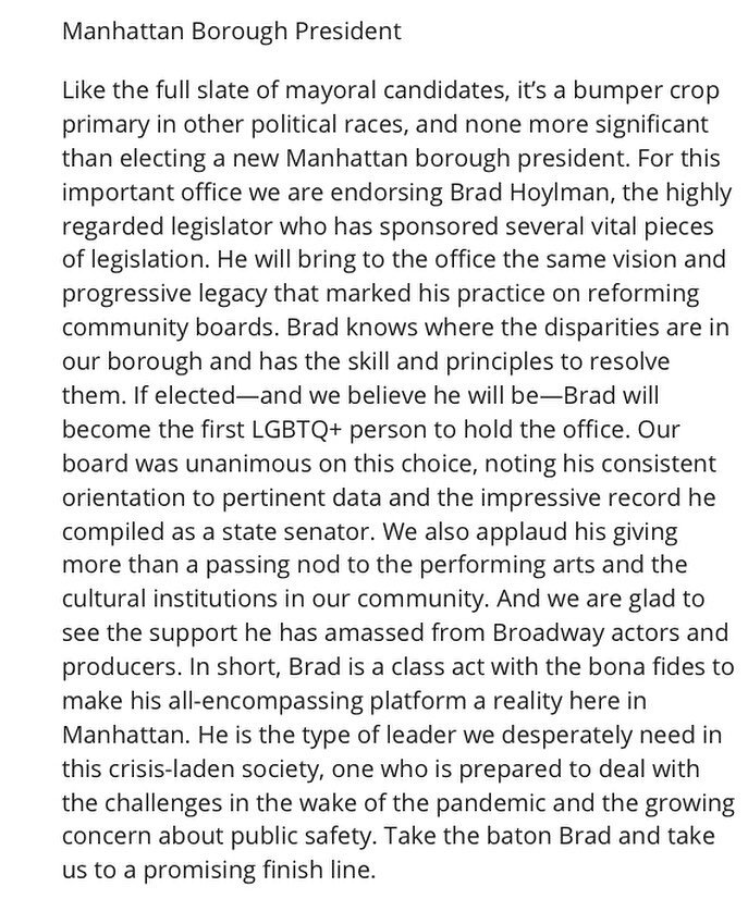 We&rsquo;re honored that Brad&rsquo;s been endorsed *unanimously* by the @nyamnews! In their endorsement, they wrote:

&ldquo;He will bring to the office the same vision and progressive legacy that marked his practice on reforming community boards. B