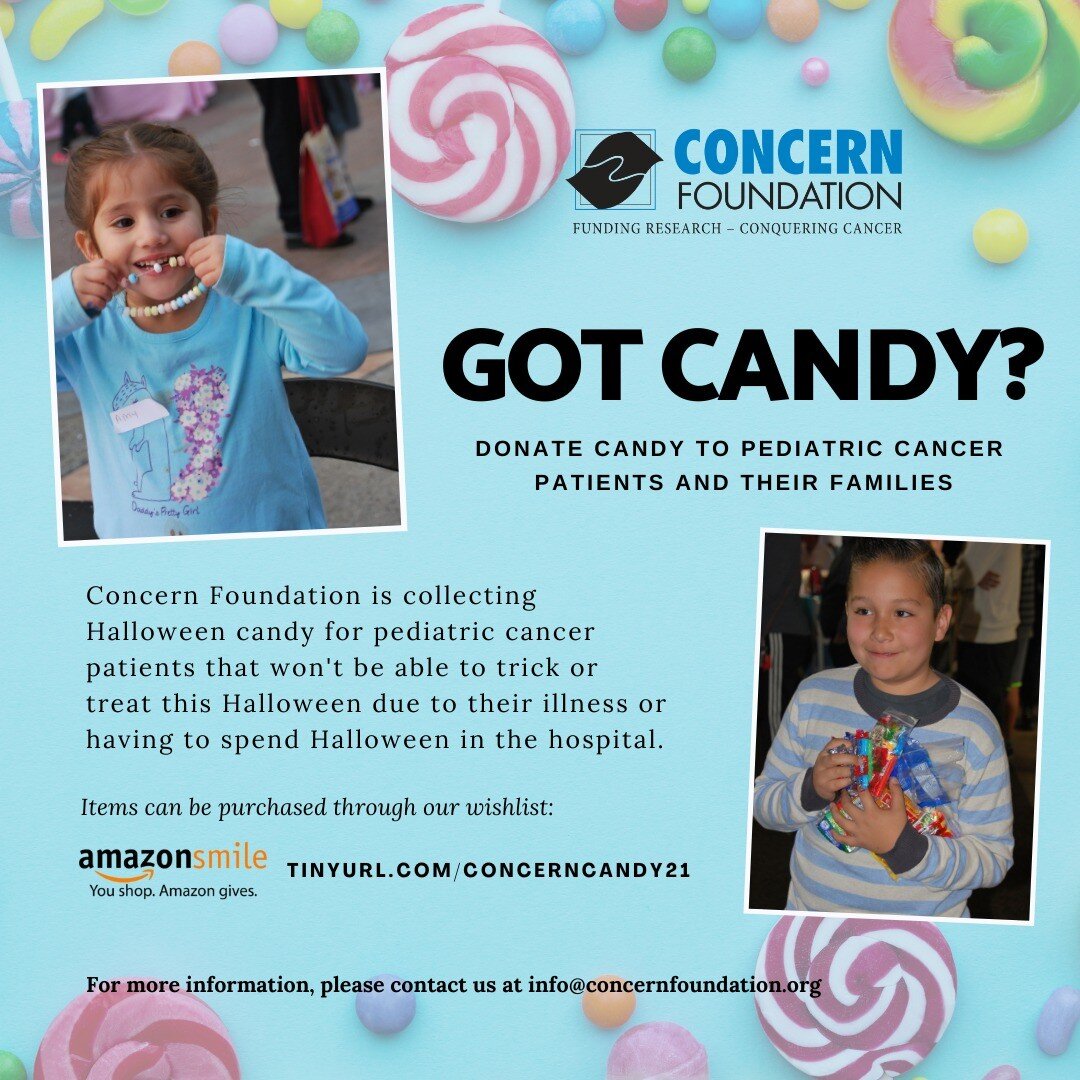 It's Halloween week and Concern Foundation needs your help collecting leftover Halloween candy (or purchase an extra bag or two) for pediatric #cancer patients and their siblings who won't be able to trick or treat this Halloween due to their illness