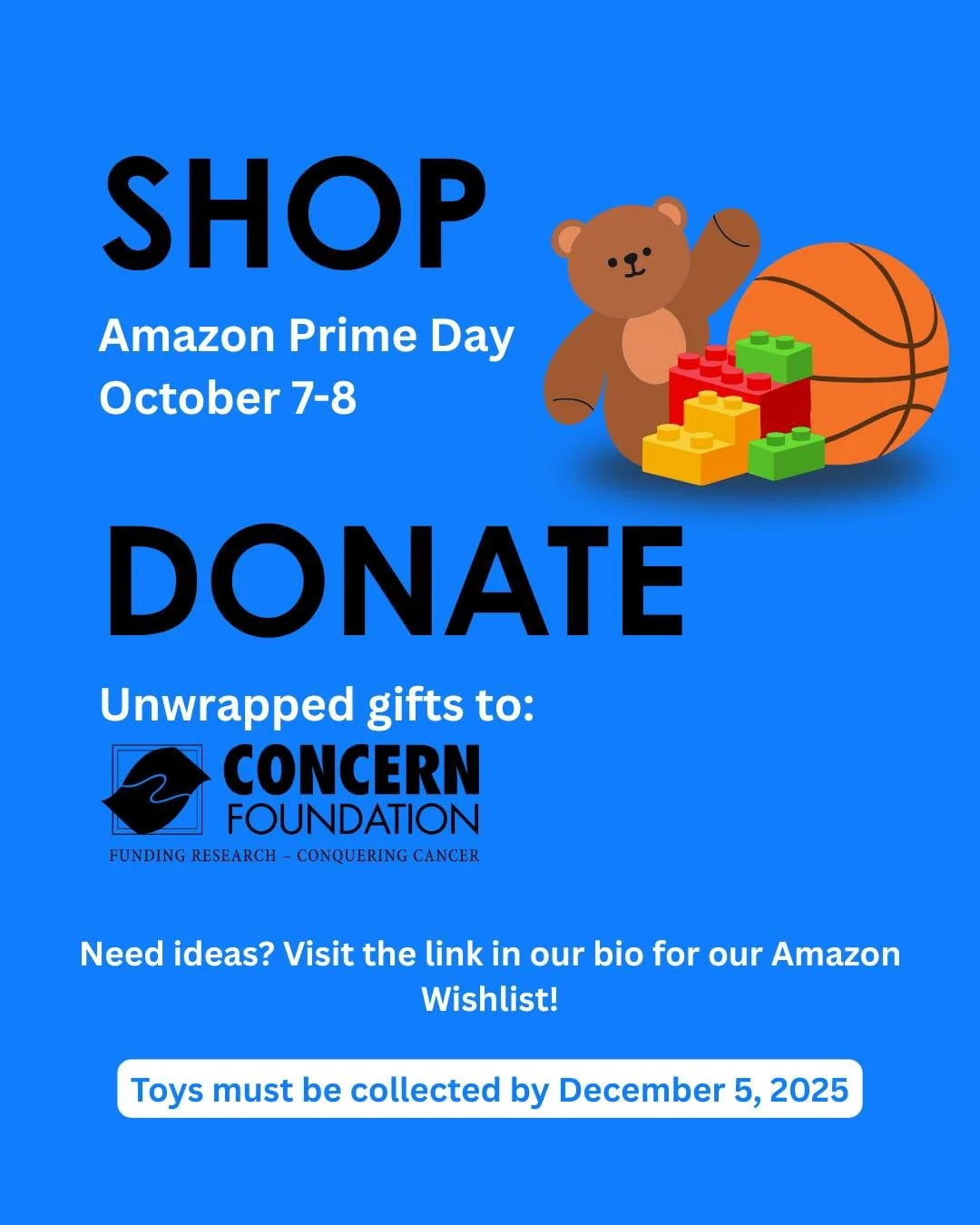 ✨ Amazon Prime Day = the perfect time to give back! ✨

Shop our @amazonprime Wishlist and help fill our holiday toy drive with gifts for children undergoing cancer treatment. Every little bit brings a big smile. 💛

🔗See our Amazon Wishlist at the l