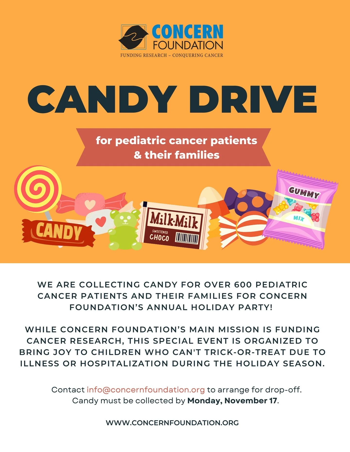 We&rsquo;re collecting candy to help bring a little extra sweetness to the holidays for over 600 pediatric cancer patients and their families. 💛✨

These kids may not get to go trick-or-treating, but together we can make sure they still get to enjoy 