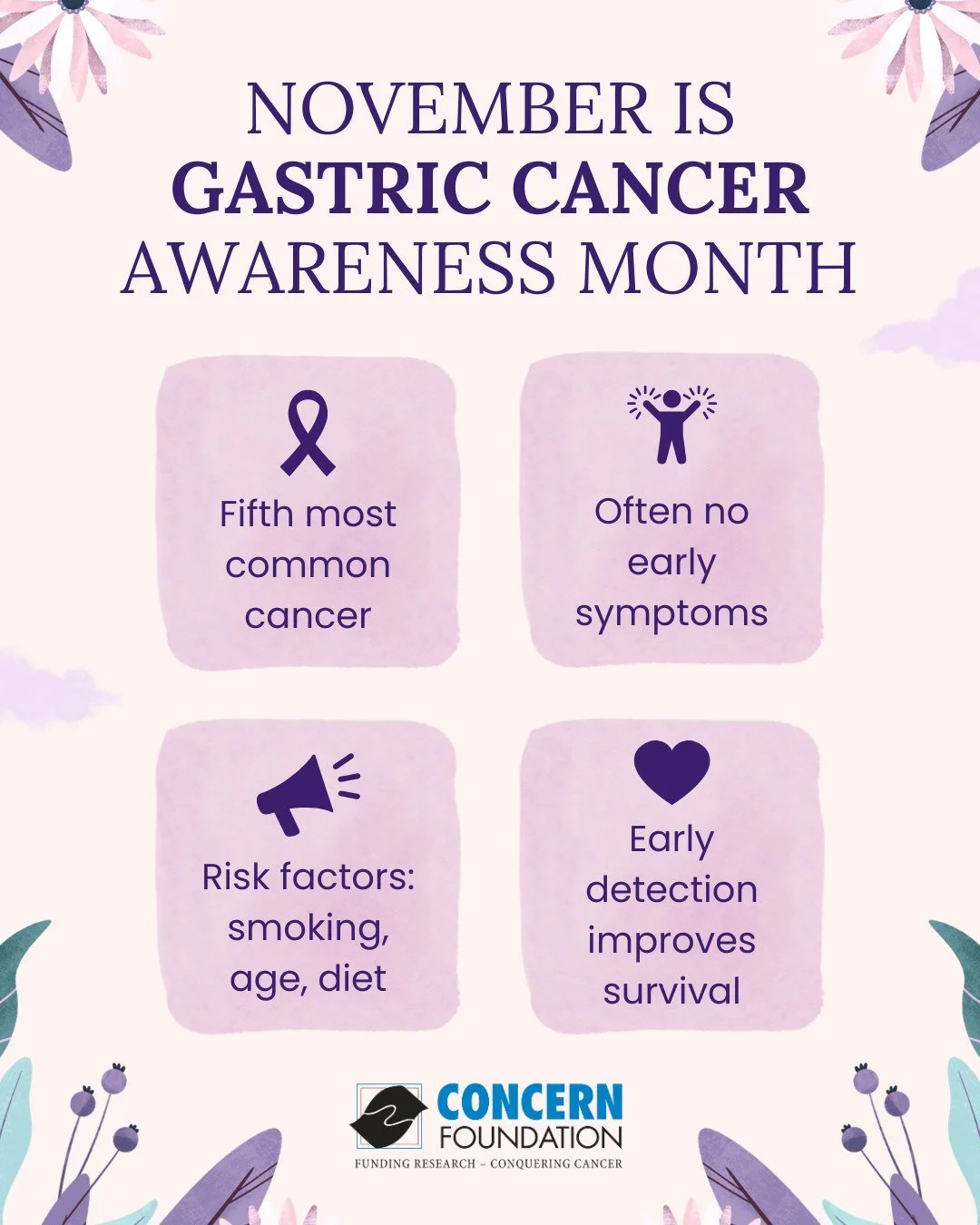 💙 November is Gastric Cancer Awareness Month 💙

Gastric (stomach) cancer is one of the most common and deadly cancers worldwide, yet many people don&rsquo;t realize how often it goes undetected in its early stages.

Knowing the signs, understanding