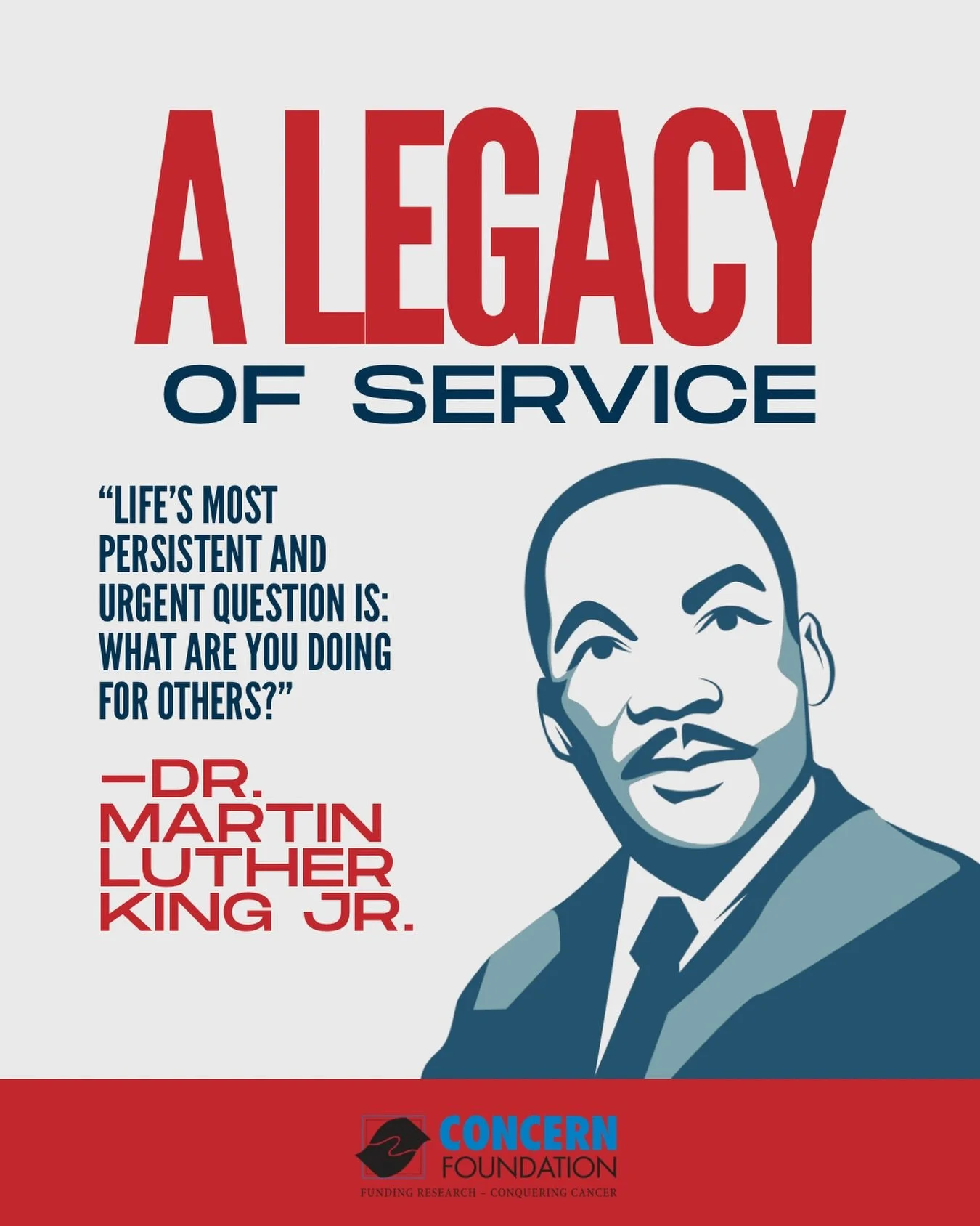 Alegacy of service is built through action.

On this day, we honor Dr. Martin Luther King Jr. by recommitting ourselves to serving others through research, compassion, and hope for a world without cancer.

#MLKDay #ConcernFoundation #CancerResearch #