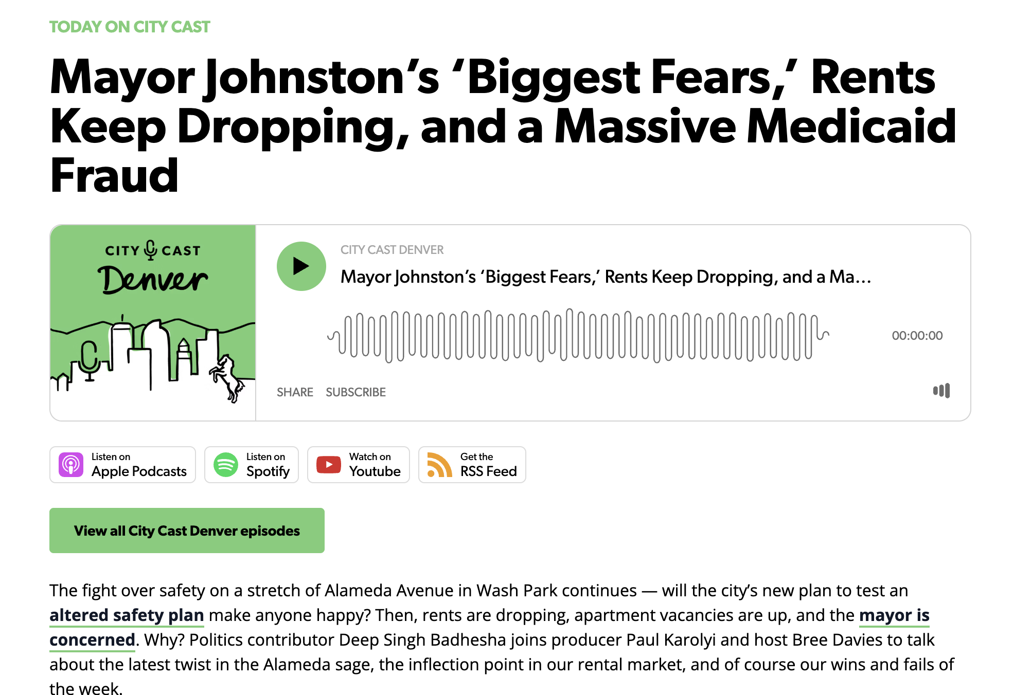 Screenshot of podcast -Mayor Johnston’s ‘Biggest Fears,’ Rents Keep Dropping, and a Massive Medicaid Fraud