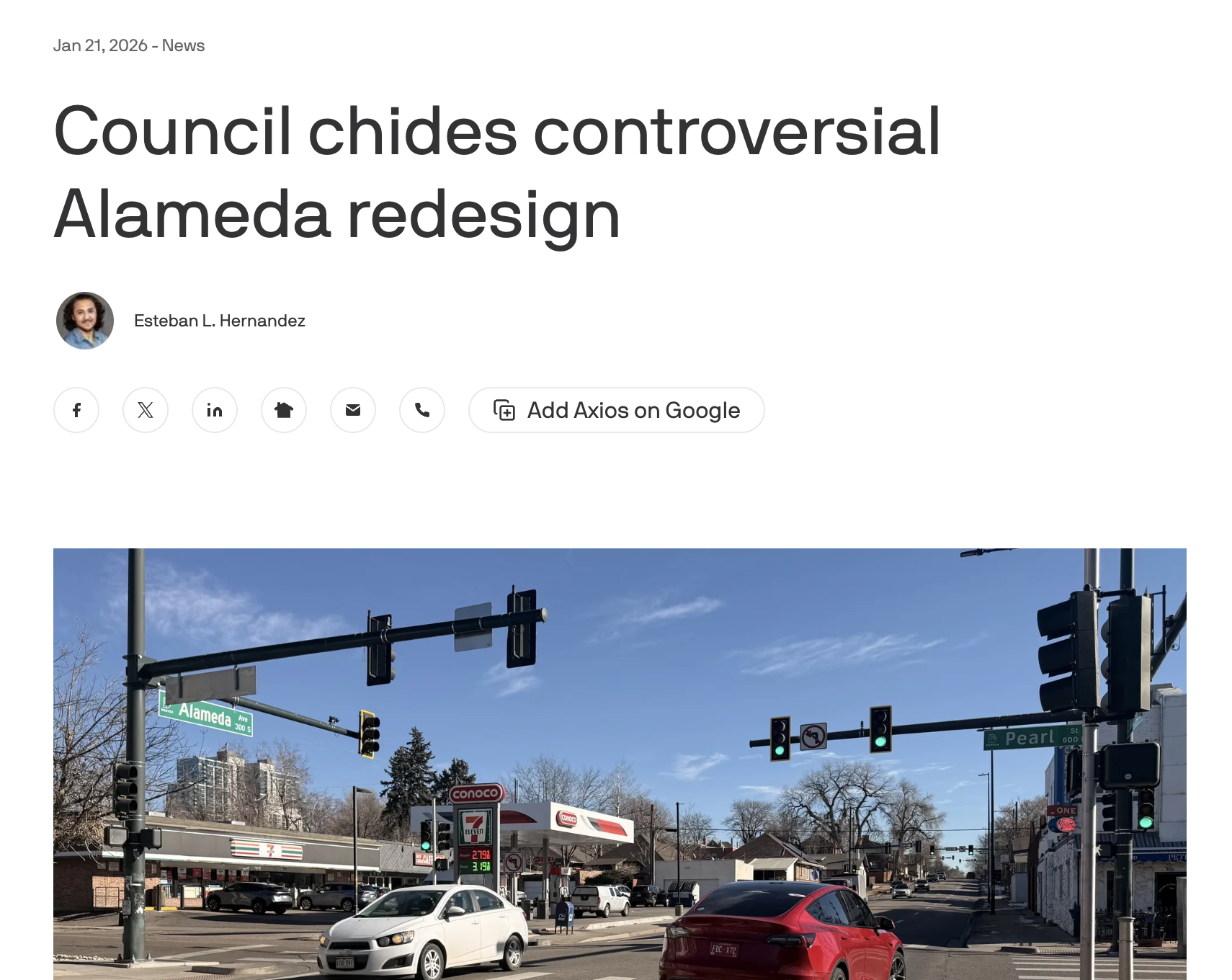 Screenshot of article -Council chides controversial Alameda redesign