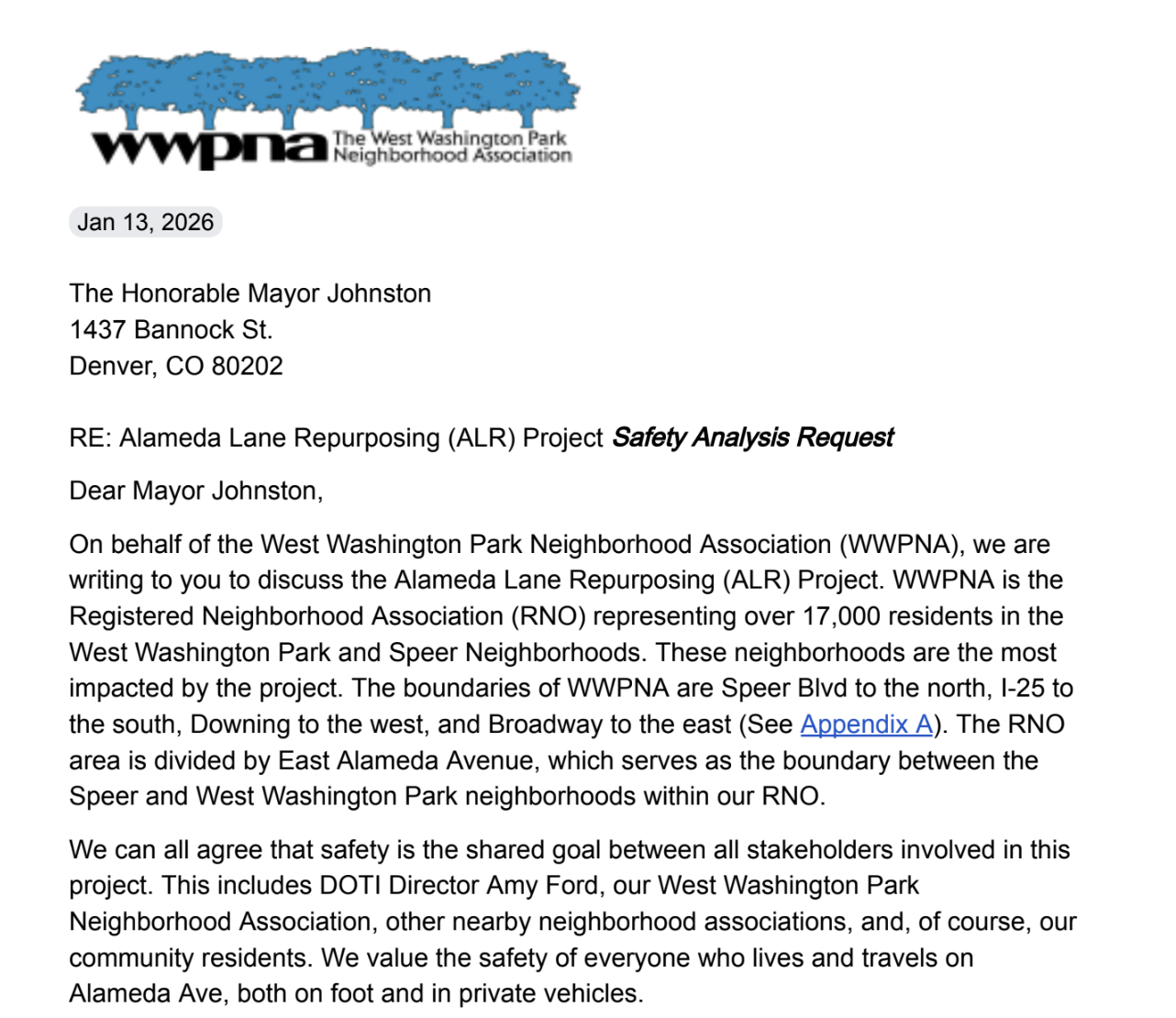 Screenshot of Letter to Mayor - Alameda Lane Repurposing (ALR) Project Safety Analysis Request