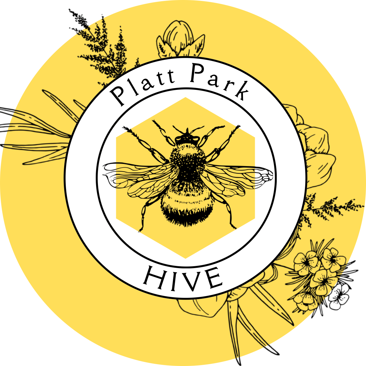 Circular logo for "Platt Park HIVE" featuring a bumblebee on a yellow hexagon with floral accents.