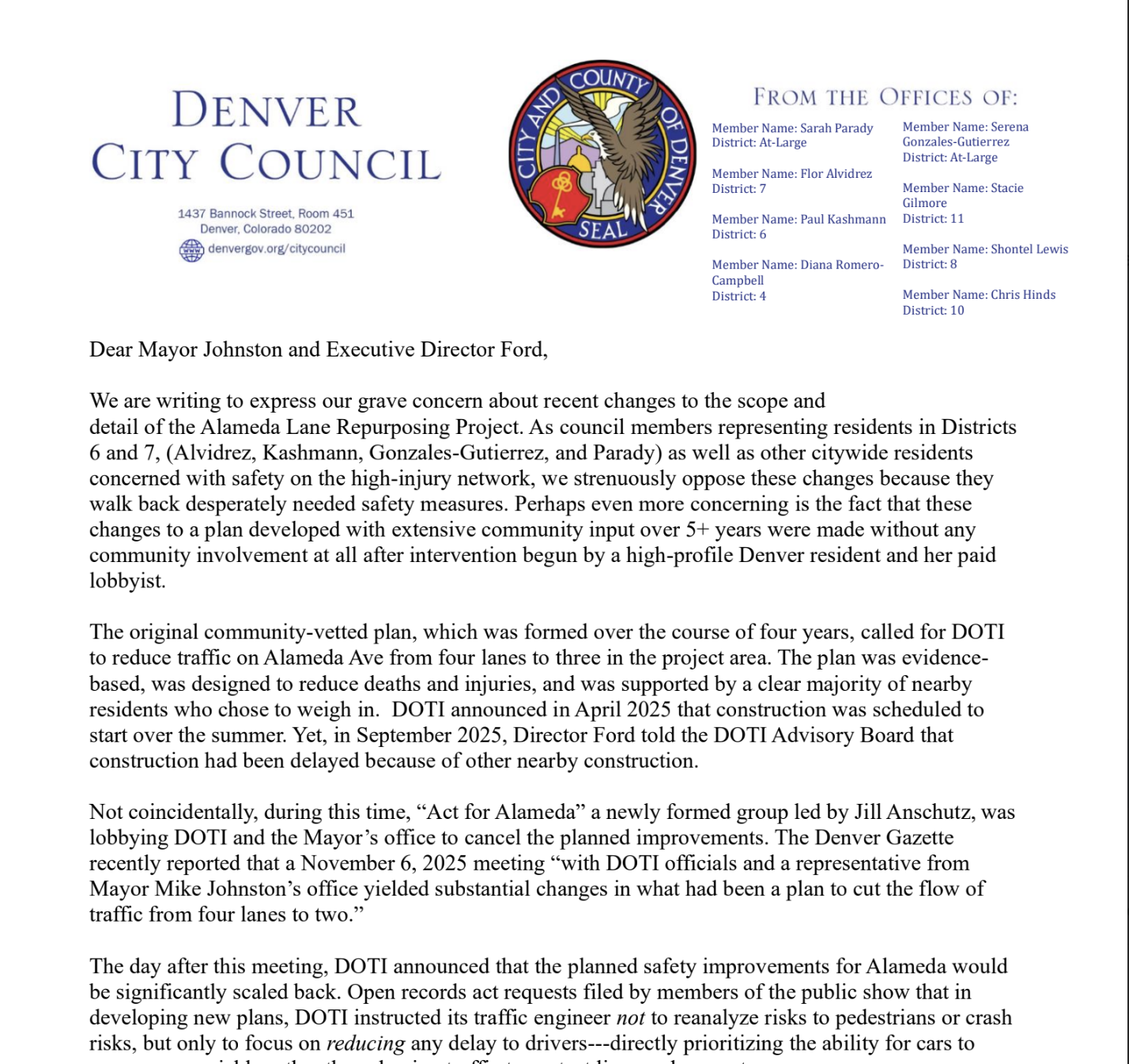 Screenshot of Council Letter to Mayor and DOTI re Alameda Ave