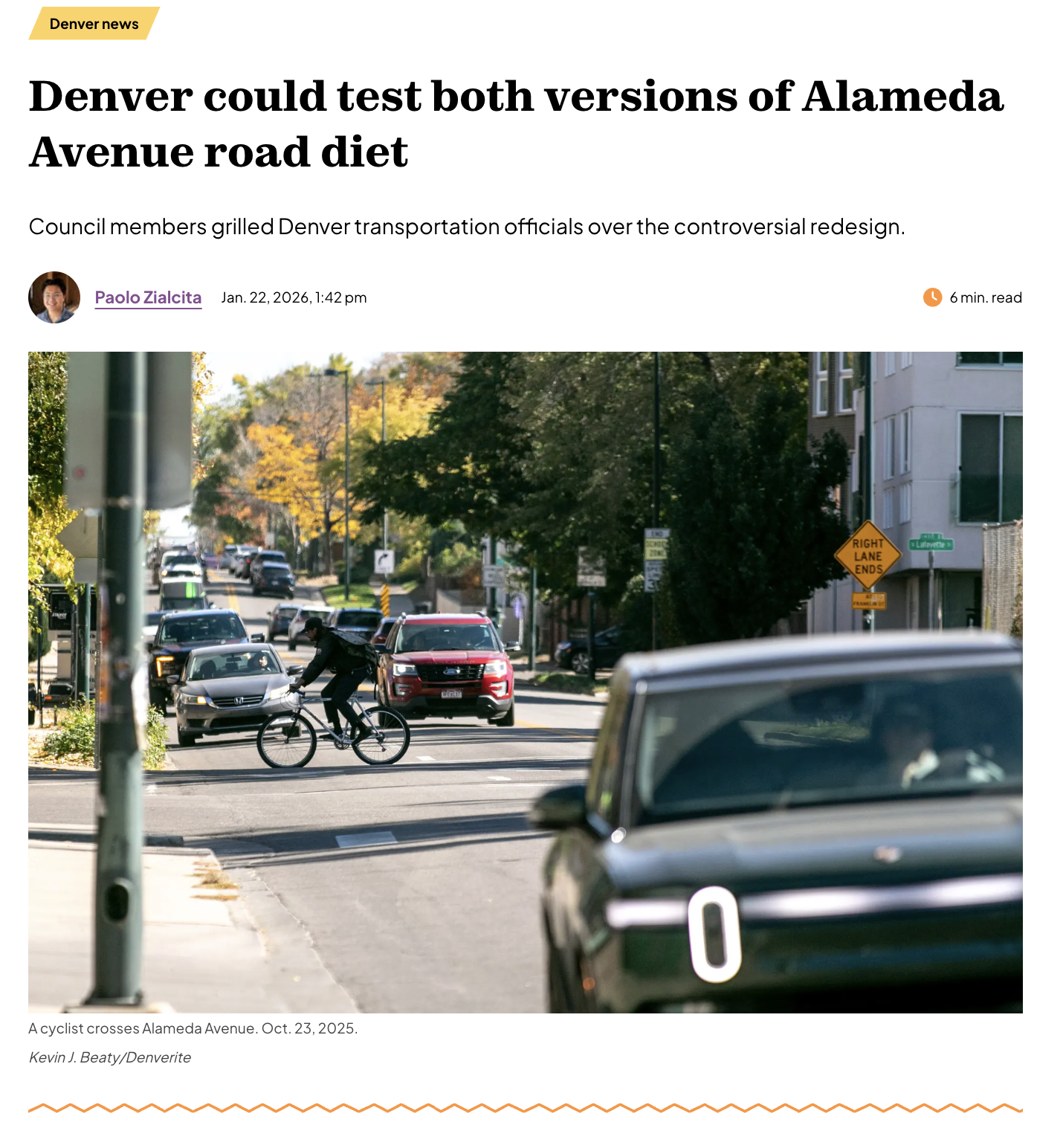 Screenshot of Article - Denver could test both versions of Alameda Avenue road diet