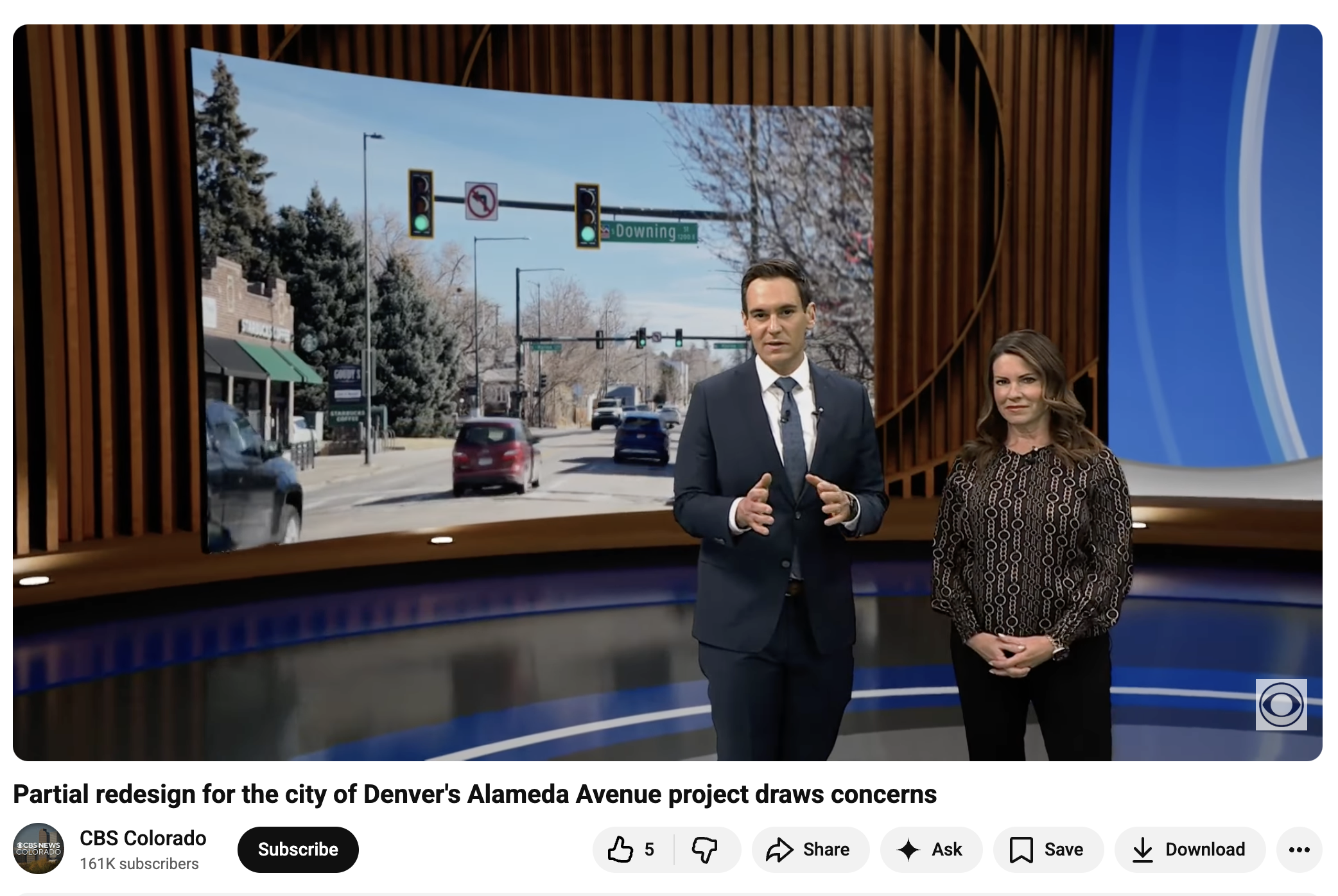 Screenshot of YouTube Video - Partial redesign for the city of Denver's Alameda Avenue project draws concerns
