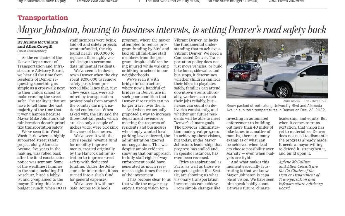 Screenshot of  Sunday Denver Post: Mayor Johnston, bowing to business interests, is setting Denver’s road safety back
