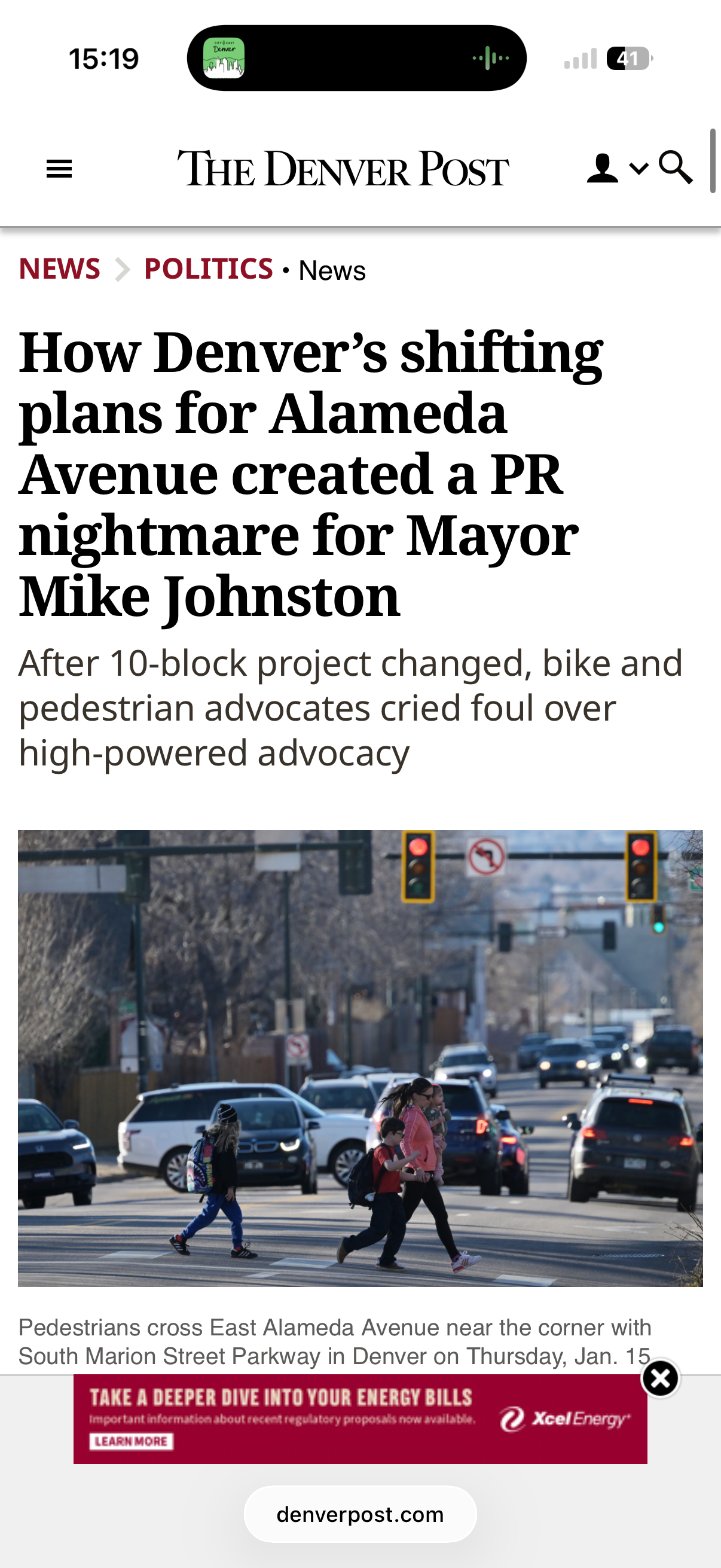 Screenshot of  Article "How Denver’s shifting plans for Alameda Avenue created a PR nightmare for Mayor Mike Johnston"