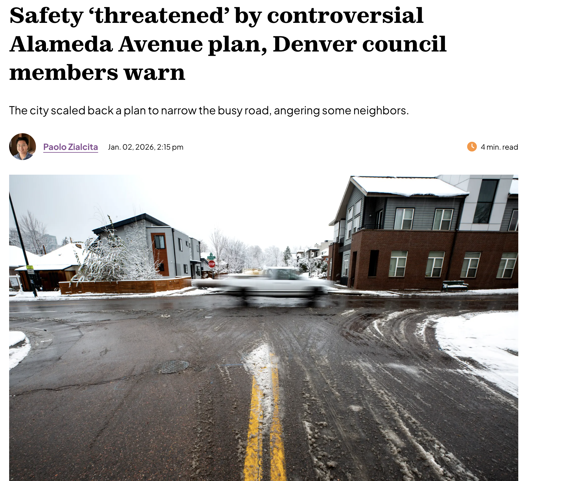 Screenshot of Denverite Article - Safety ‘threatened’ by controversial Alameda Avenue plan, Denver council members warn
