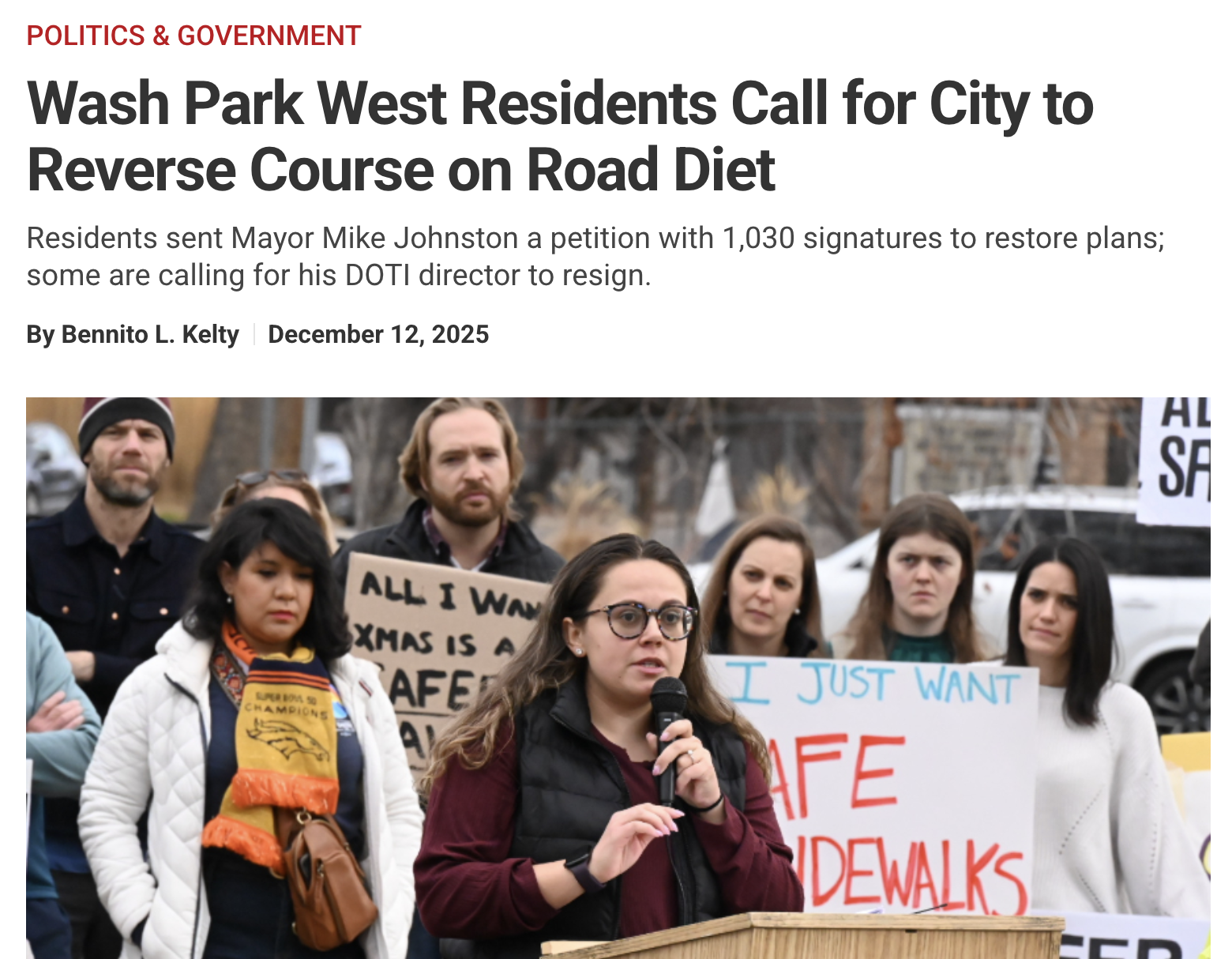 Screenshot of Westword article - Wash Park West Residents Call for City to Reverse Course on Road Diet