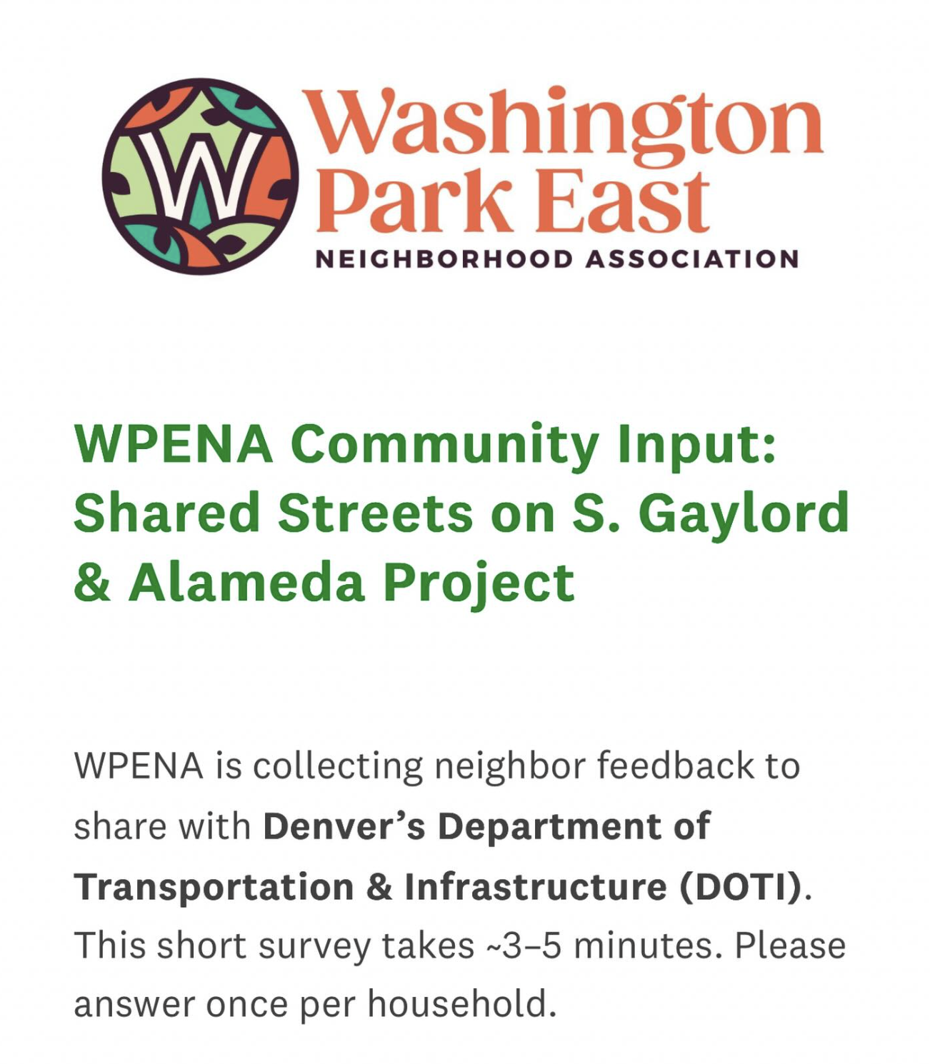 Screenshot of WPENA Community Input: Shared Streets on S. Gaylord & Alameda Project