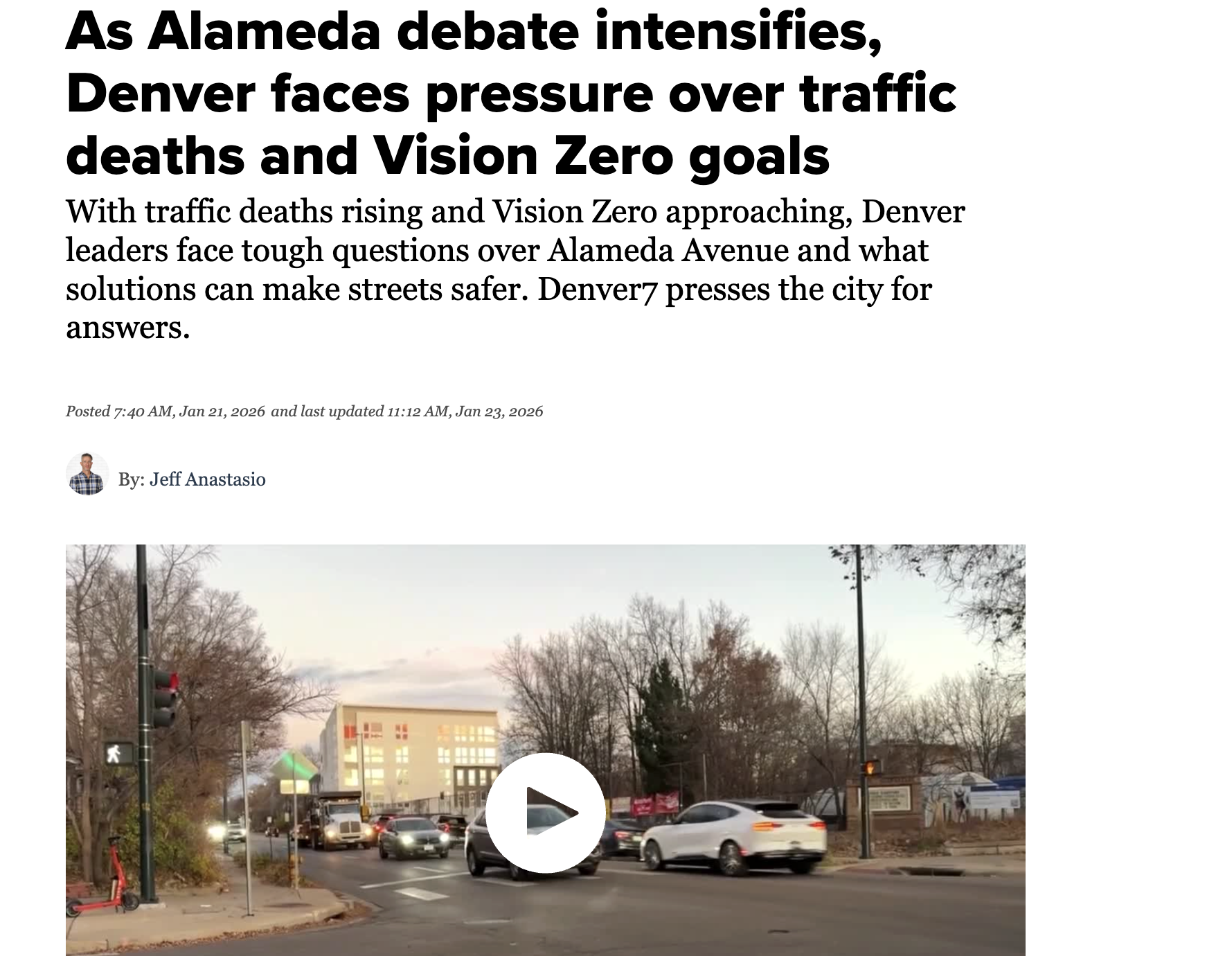 Screenshot of article - As Alameda debate intensifies, Denver faces pressure over traffic deaths and Vision Zero goals