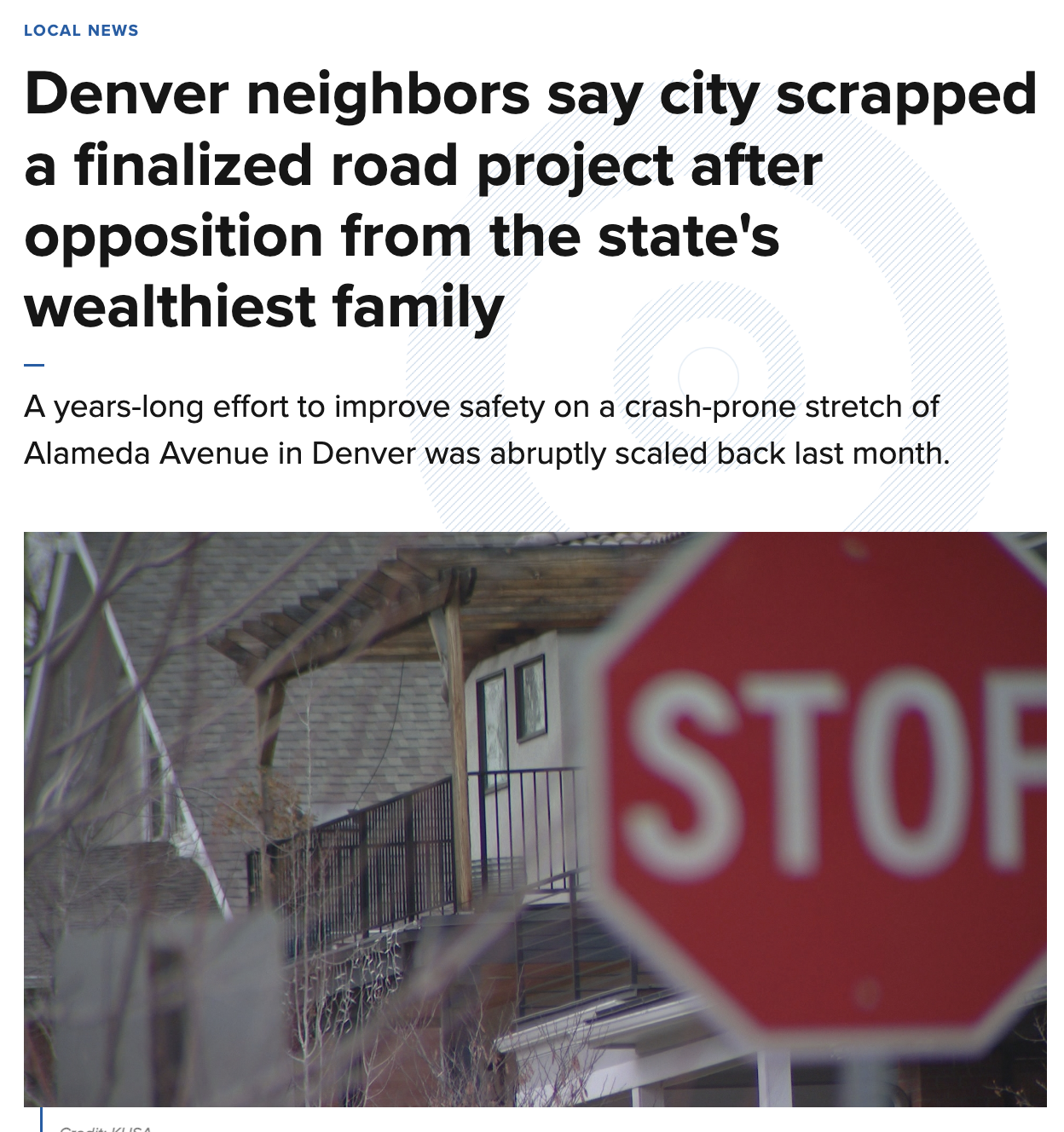 Screenshot of 9News Article - Denver neighbors say city scrapped a finalized road project after opposition from the state's wealthiest family