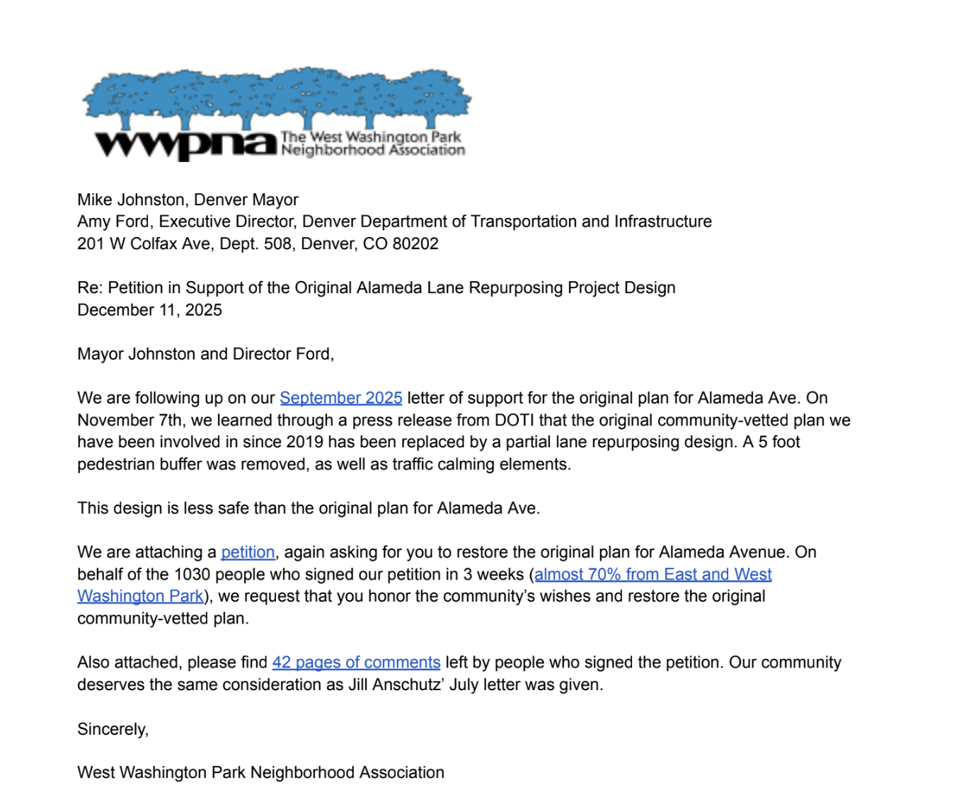 WWPNA Letter to Mayor Johnston and Director Ford - Petition in Support of the Original Alameda Lane Repurposing Project Design