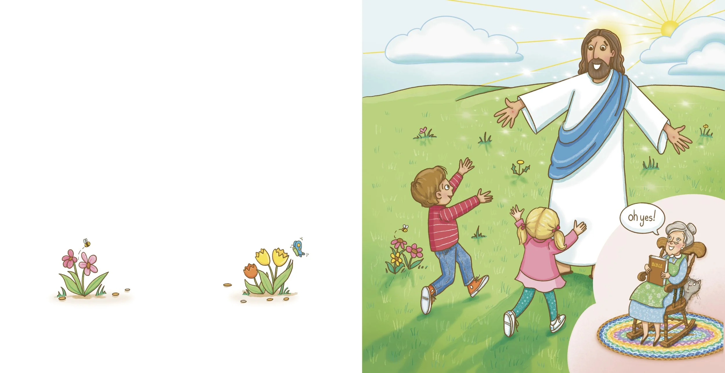 Illustration of Jesus Christ with open arms on a green field with flowers, children reaching out to him, a woman sitting with a Bible, and the sun shining in the sky.