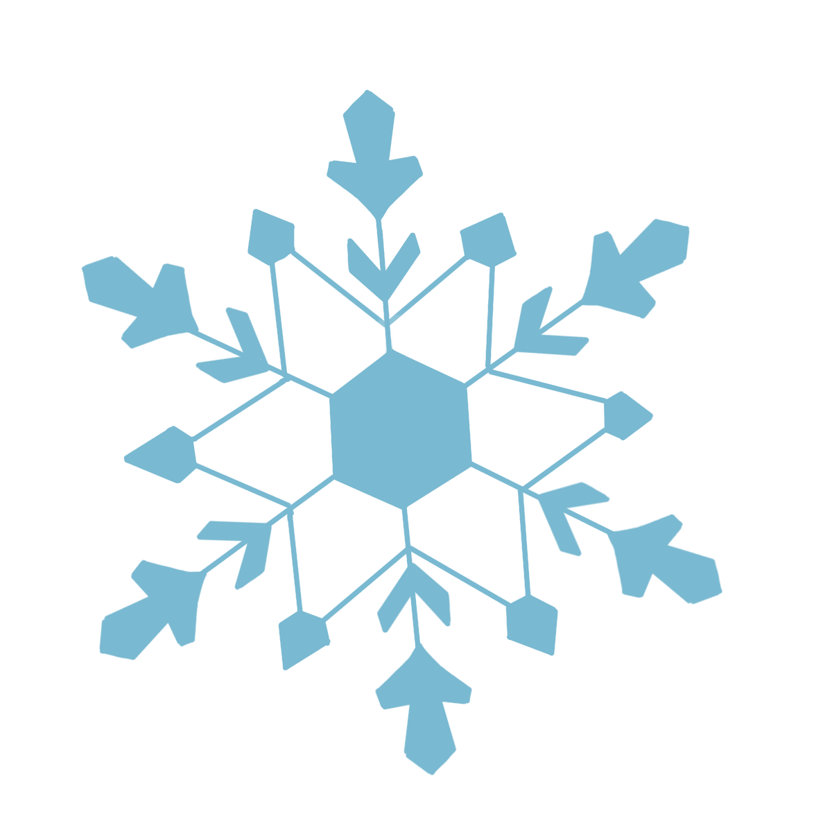 A blue snowflake with a hexagonal center and symmetrical arms.