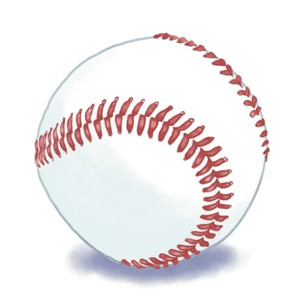 Illustration of a baseball with red stitching.