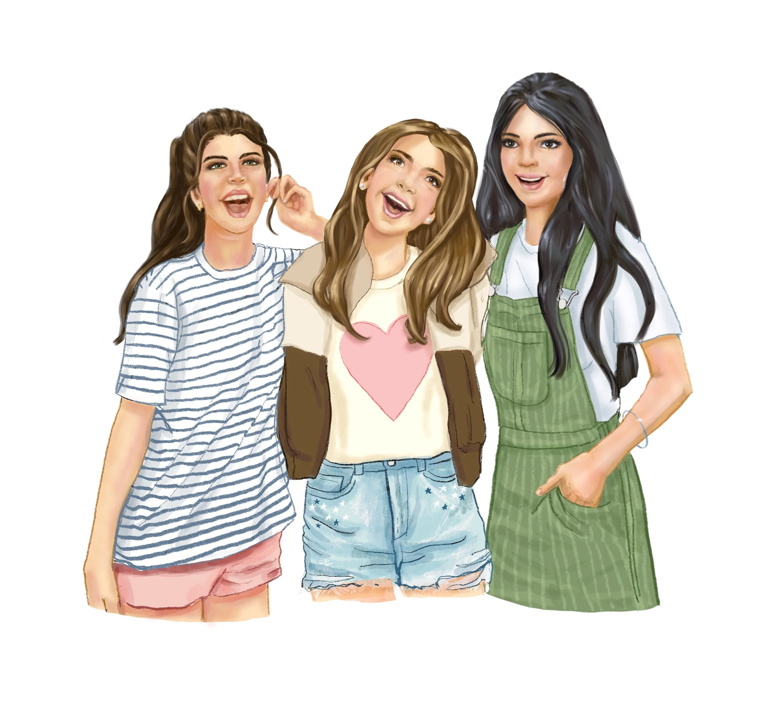 A digital illustration of three young women standing together, smiling and having fun. They are dressed in casual summer clothes, with two of them wearing striped shirts and shorts, and the third wearing a green dress. Their hair varies in style and color, and they appear to be in a cheerful mood.