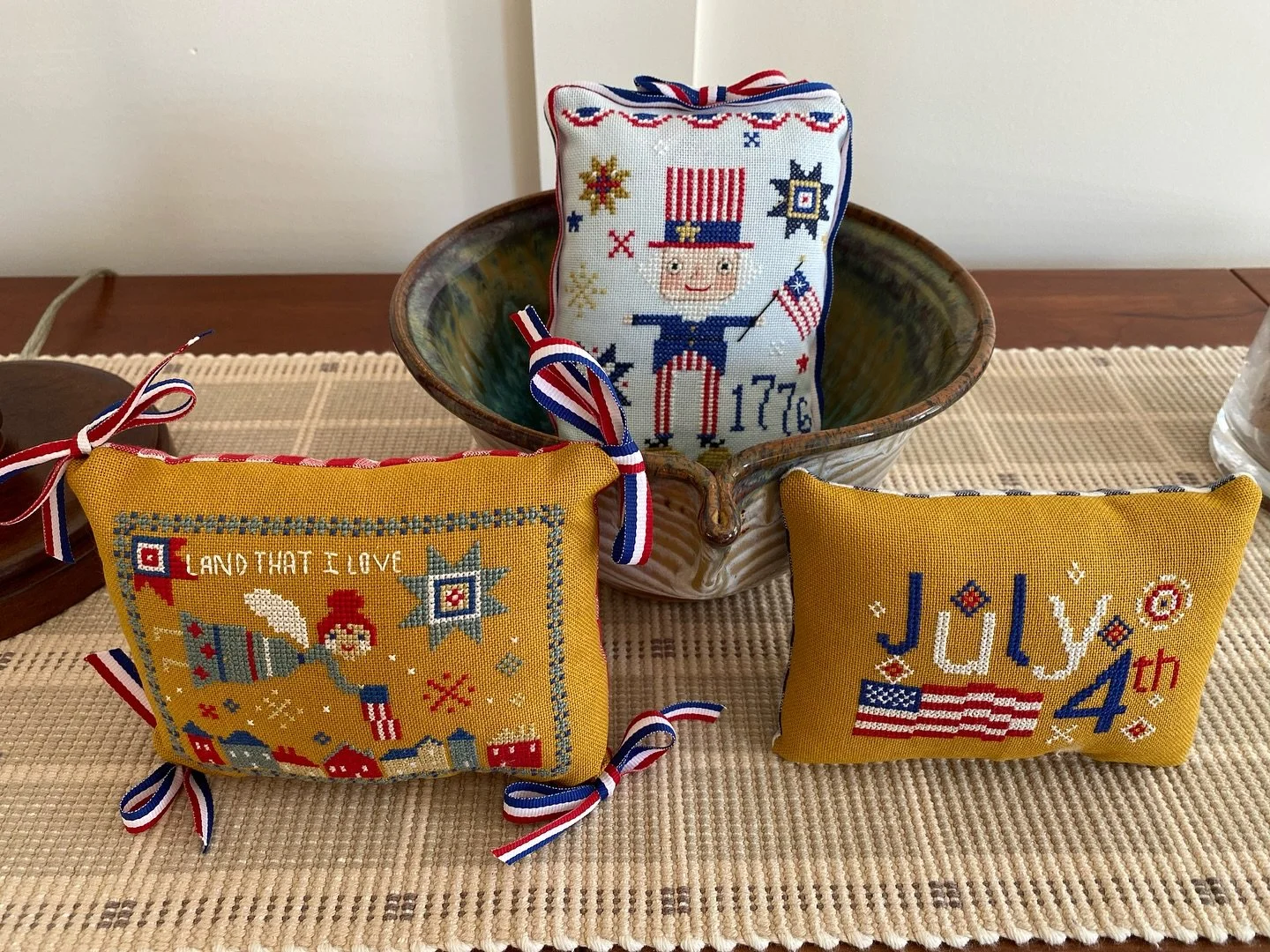 Happy Fourth of July!!! We celebrate our emancipation from the British Monarchy and our founding as a Christian nation with God as our King! This is unique to the United States of America. I stitched these little pillows several years ago and love to