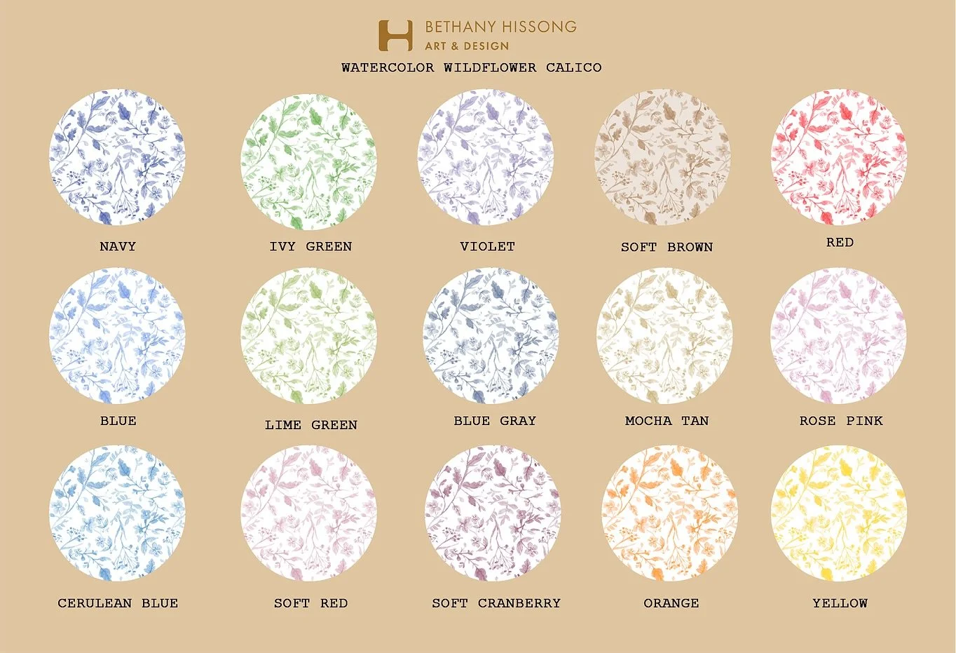 &ldquo;Wildflower Calico&rdquo; is now available in my Spoonflower shop on wallpaper and fabric, and home decor! (I just ordered placemats for my home.) There&rsquo;s a sale today on everything at 25% off! I offer 15 different colors for this pattern