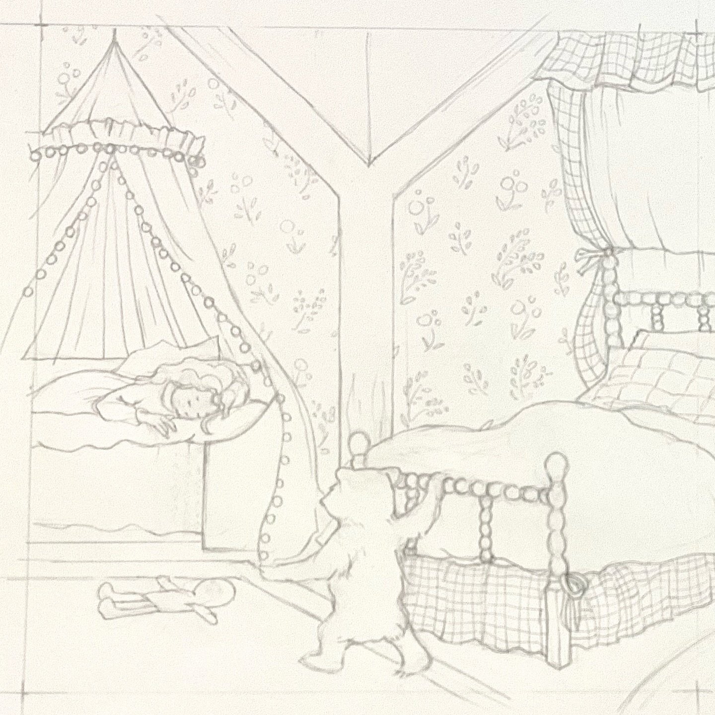 I finished the pencil drawing on my very large piece of Arches watercolor paper! (The spread is 8&rdquo;x16&rdquo;) There will be a lighter area for text but I needed to draw everything first to see where it will look best. Swipe to see the right sid