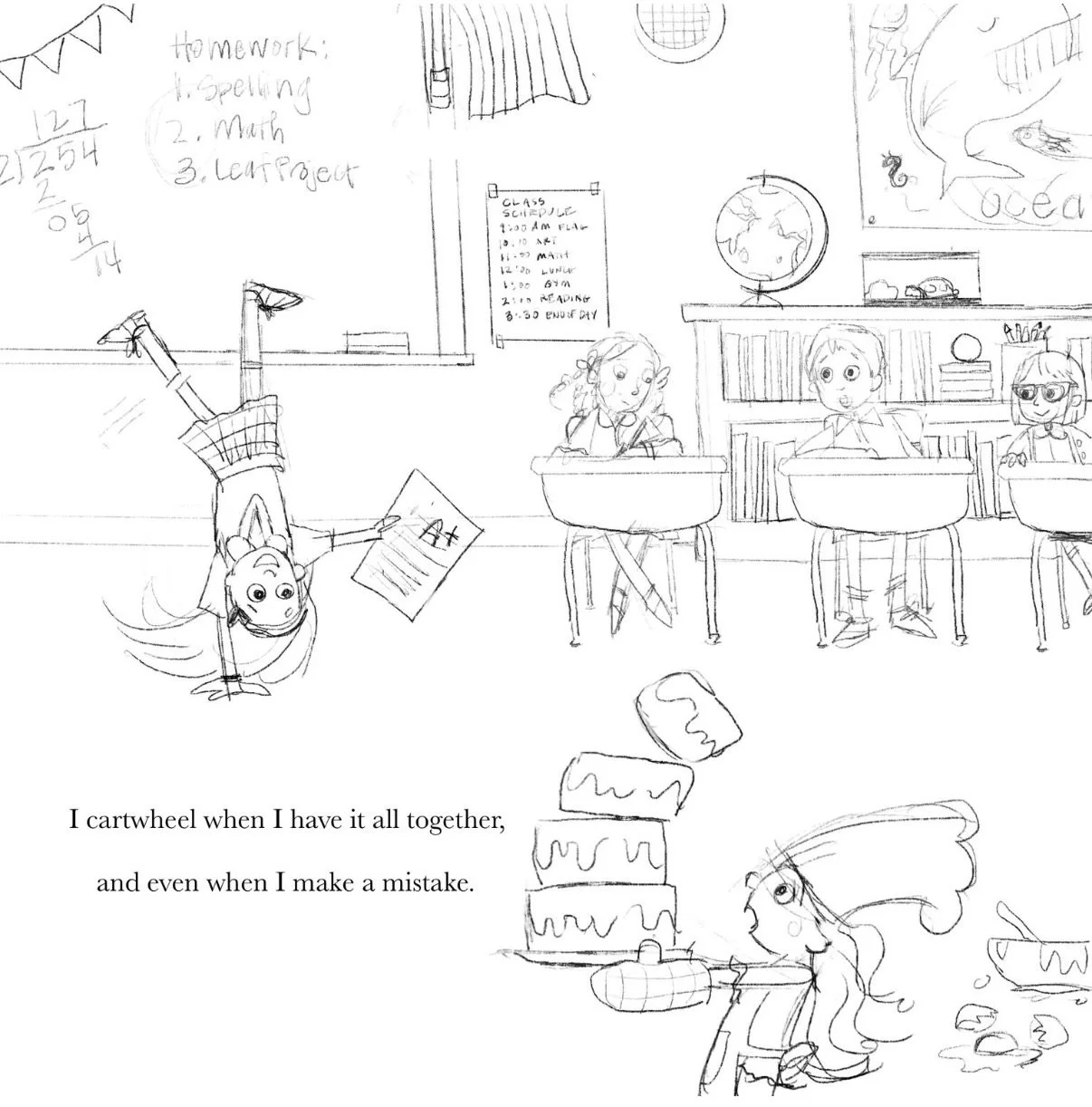 The stages of an illustration: rough sketch&mdash;> finished line drawing&mdash;> finished color page!
This was a cute page to draw&hellip; did you know that I taught Middle School Art (grades 6-8) when I graduated college? I had my art ed degr