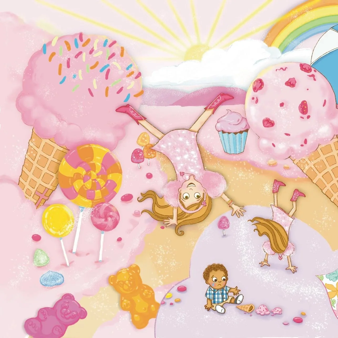 A colorful, whimsical illustration featuring a girl in a pink dress cartwheeling on a pink, candy-flavored landscape with ice cream, cotton candy, candies, and balloons. There are rainbows, clouds, and a sun in the background.