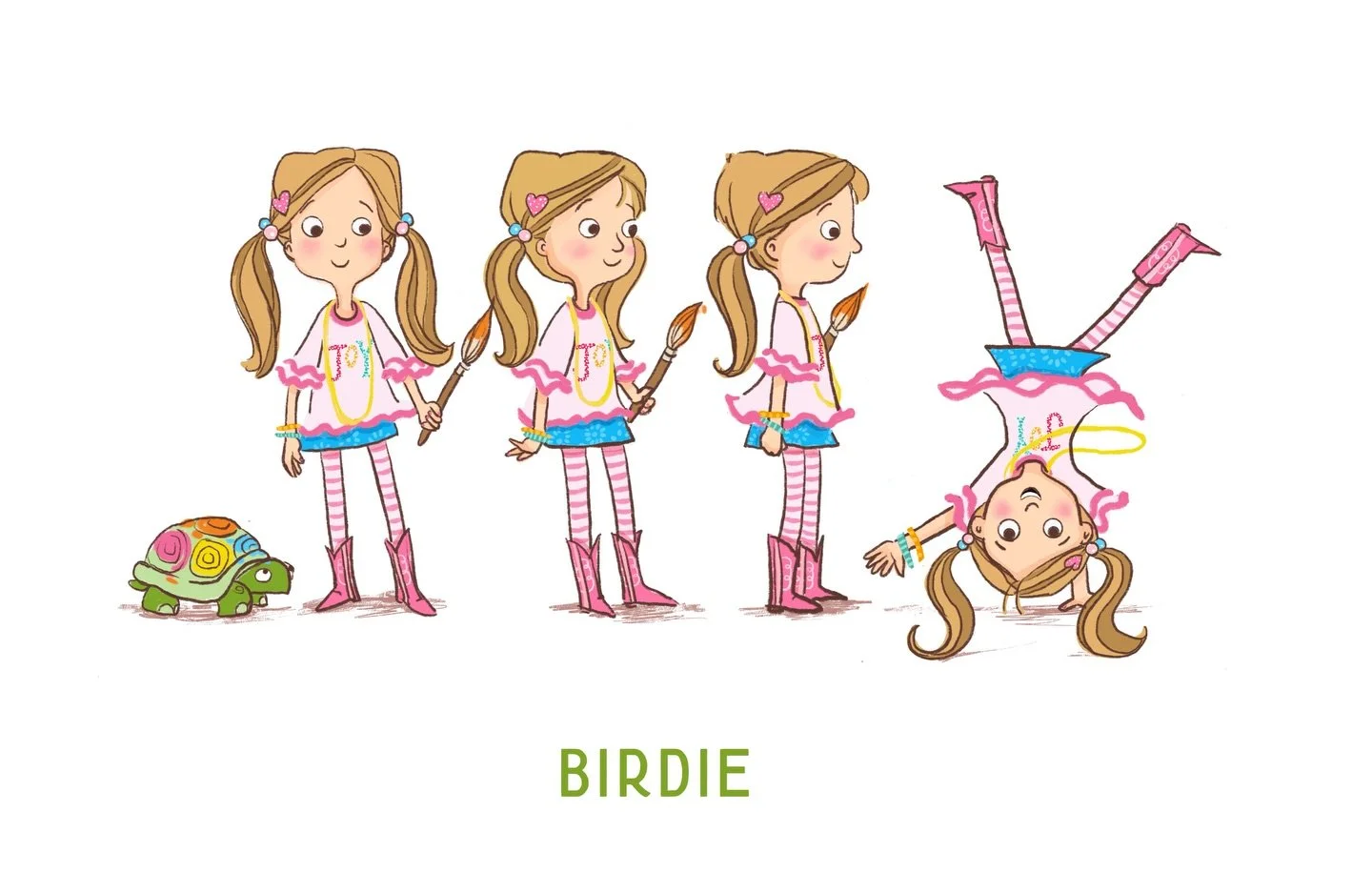 This was the original character design for the little girl who cartwheels through the book Cartwheel Anyway: A Story of Living with the Joy of Jesus by Madi Ann Bakker. She is loosely based on her cute daughter Birdie, who said she doesn&rsquo;t wear
