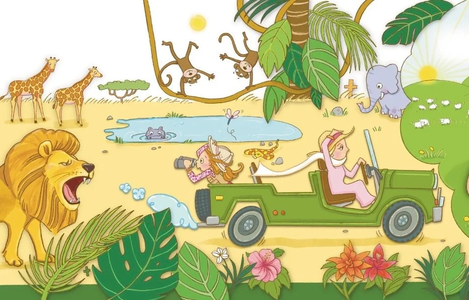 This is part of one of my favorite spreads from Cartwheel Anyway by Madi Ann Bakker! It illustrates that even when things are scary or not going our way, God is with us and we can cartwheel anyway with joy! This is the only page where the monkeys are