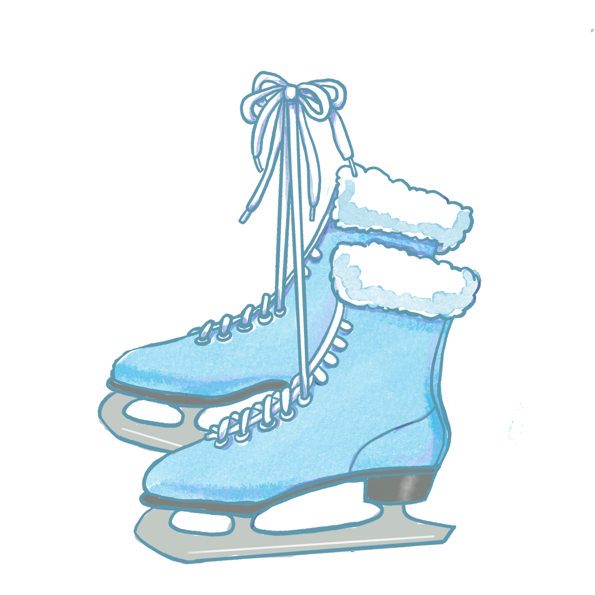 Ice skates with blue boots and fur trim, featuring laces and blades.