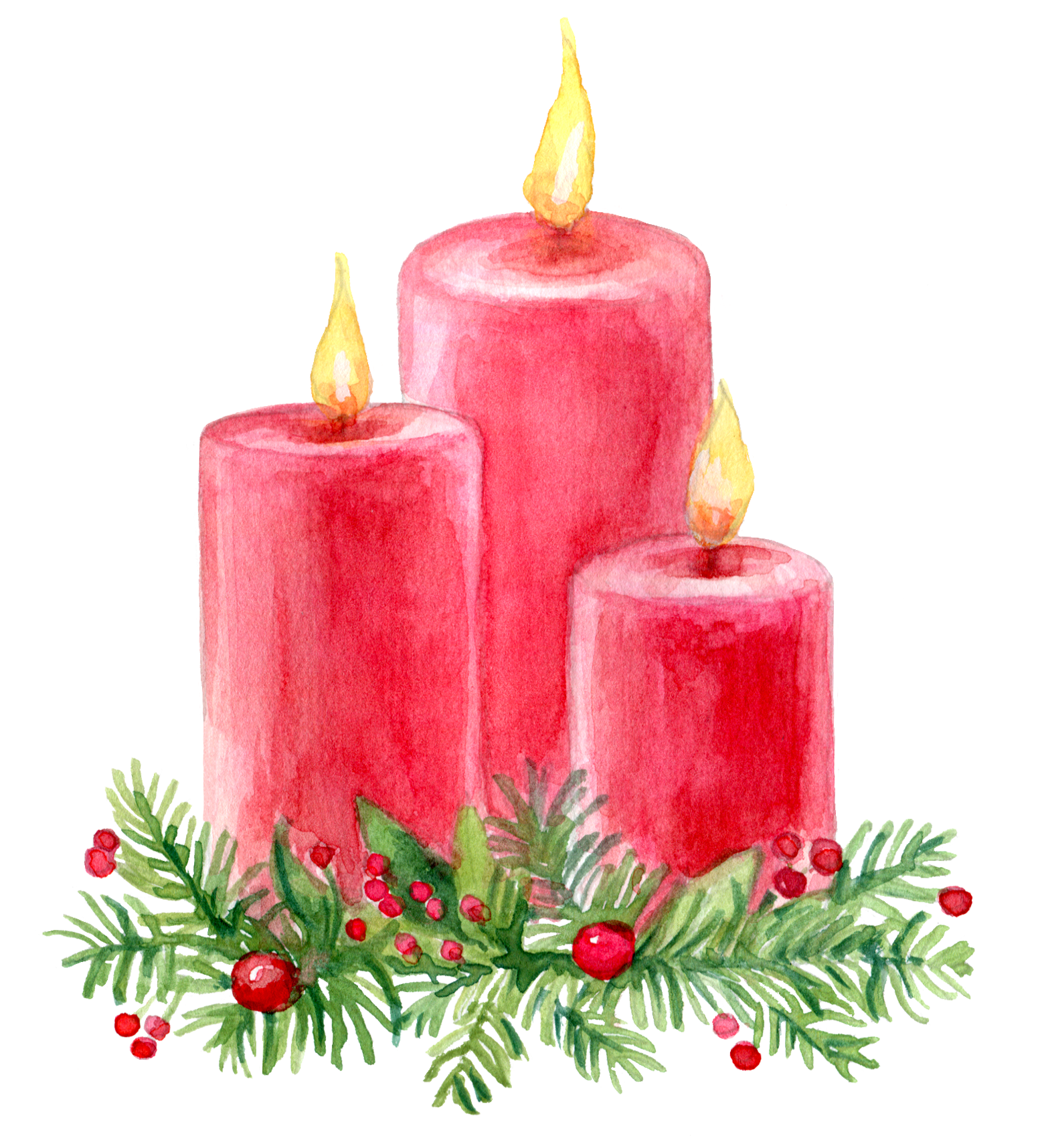 Watercolor painting of three red candles with yellow flames, surrounded by green pine branches, red berries, and holly leaves, creating a festive holiday decoration.