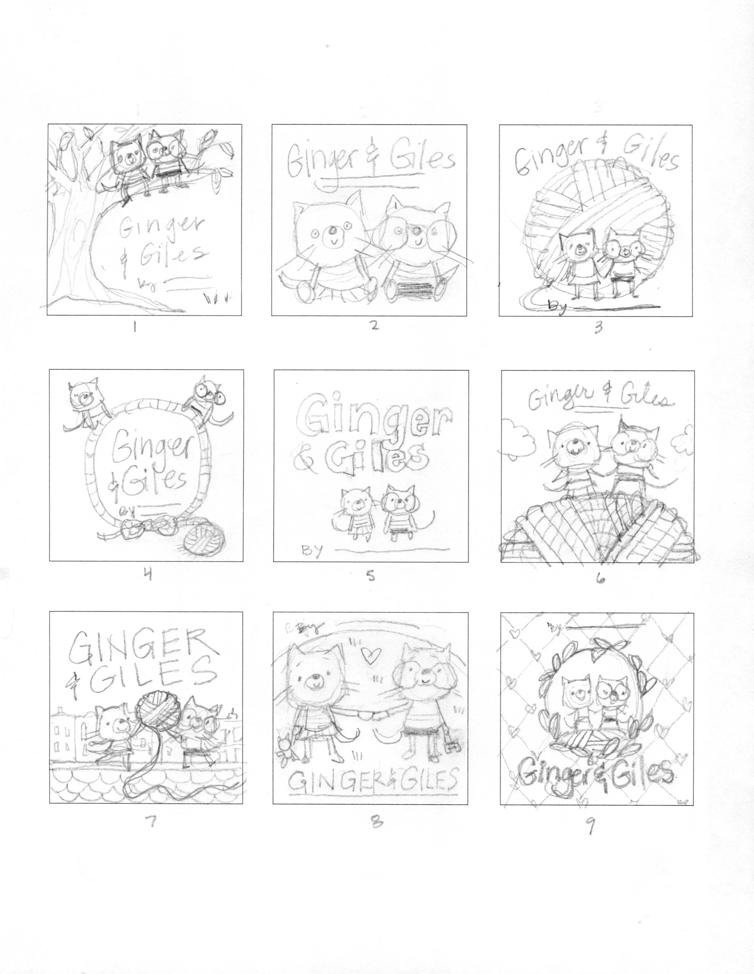 Collection of children’s sketches for a book titled 'Ginger & Giles,' featuring various drawings of two characters, a cat and a girl, in different scenes and styles.