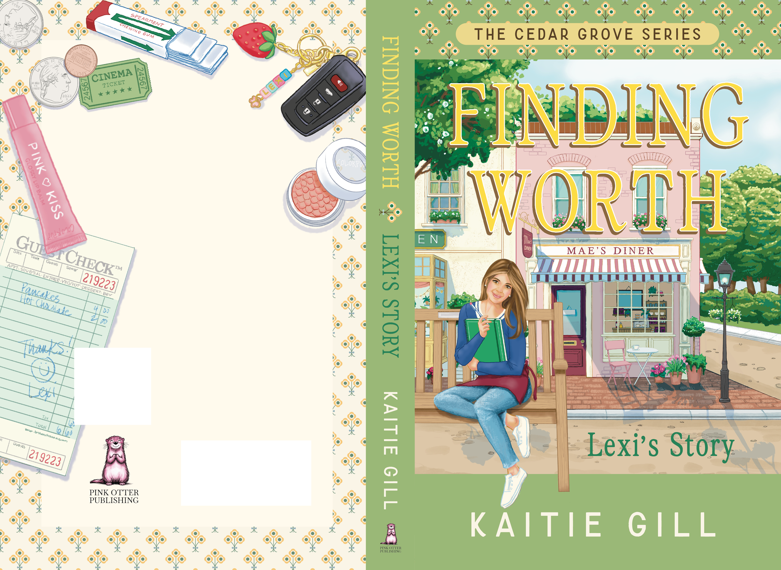 Book cover titled 'LENDING WORTH' by Kaitie Gill, featuring an illustrated scene of a girl sitting on a bench outside a pink storefront named 'Mae's Diner,' with trees, flowers, and a streetlamp in the background.