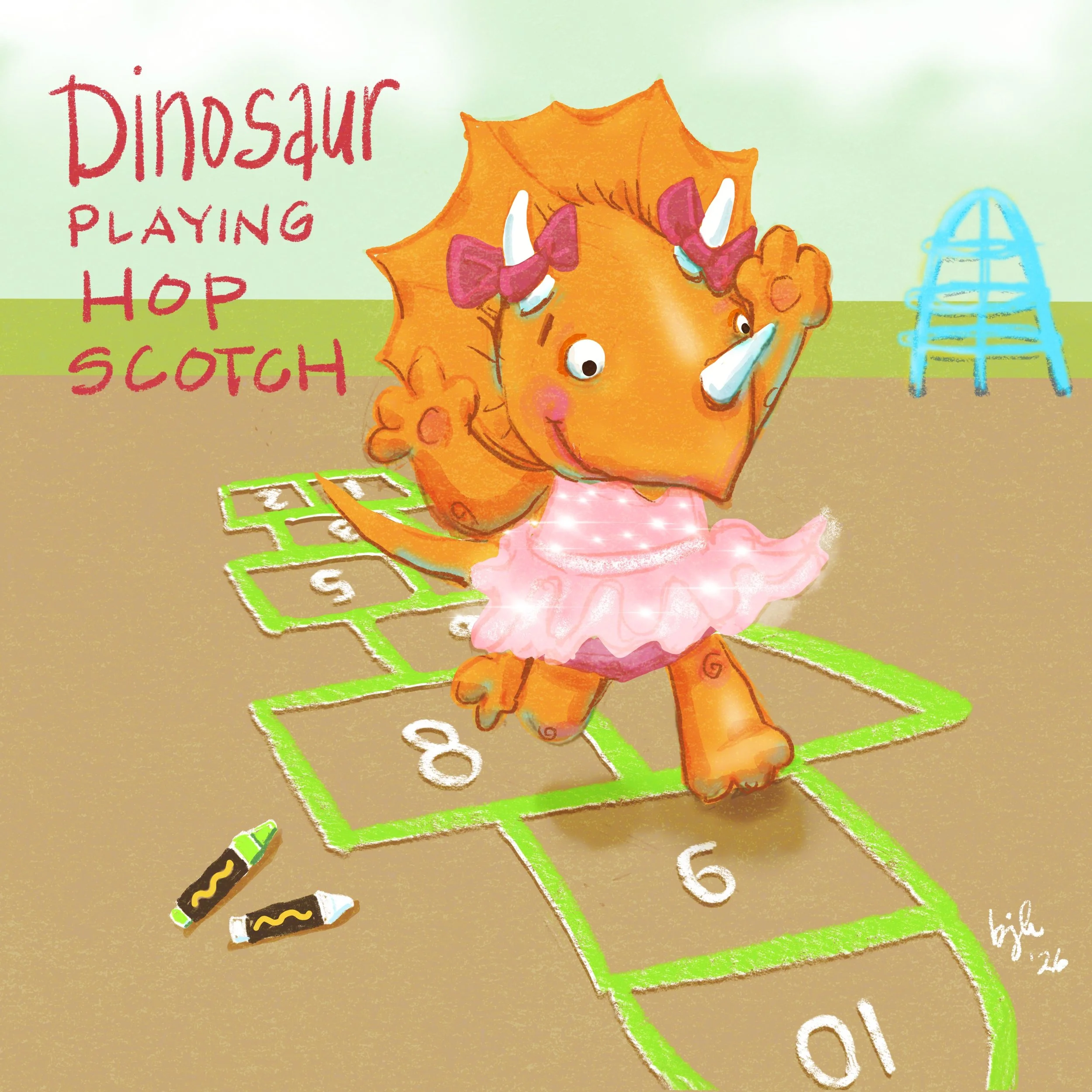 "Dinosaur playing Hop Scotch"