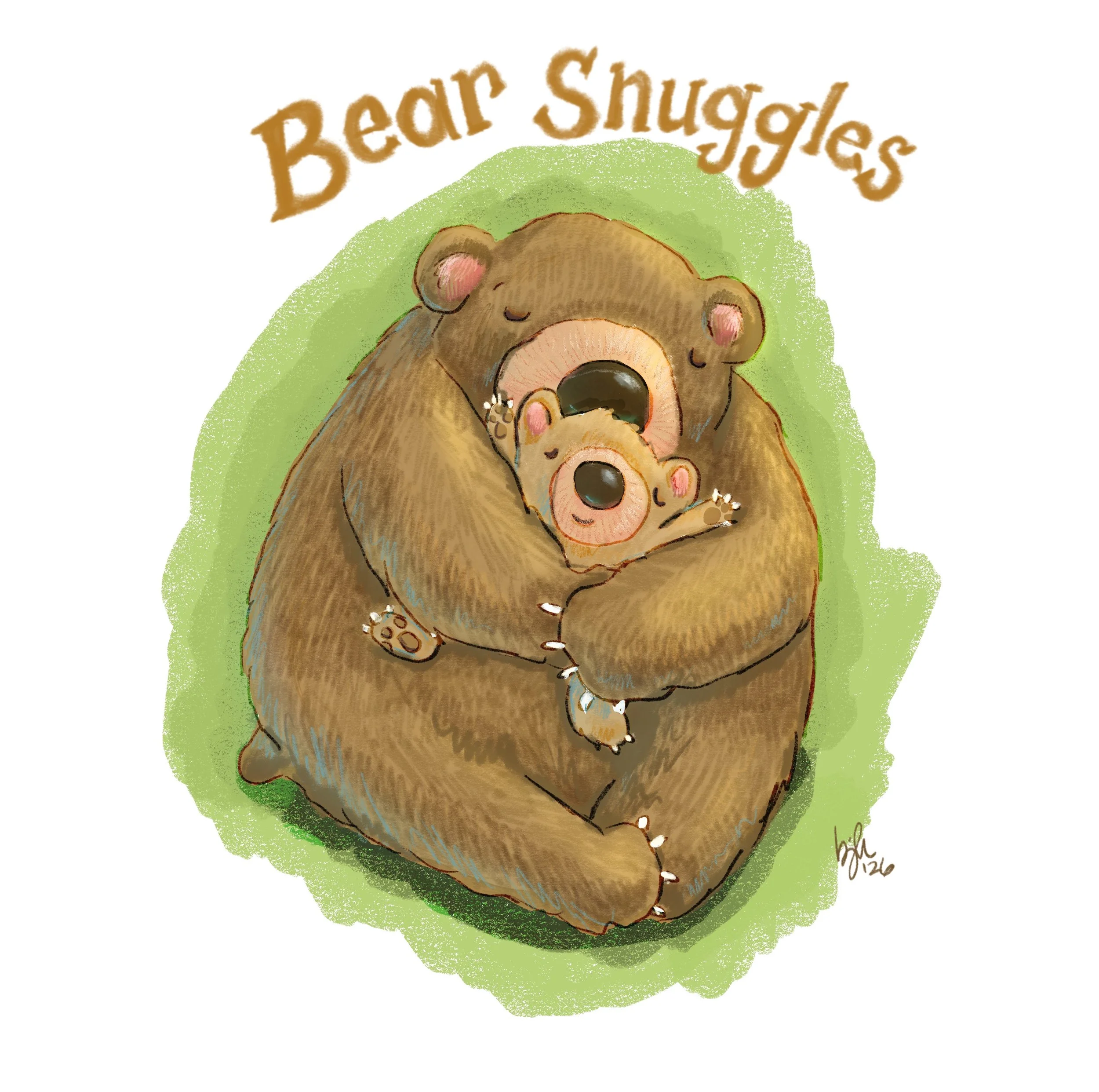 Hand-drawn illustration of a mama bear hugging a baby bear with the words 'Bear's Snuggles' above them, set against a green background.