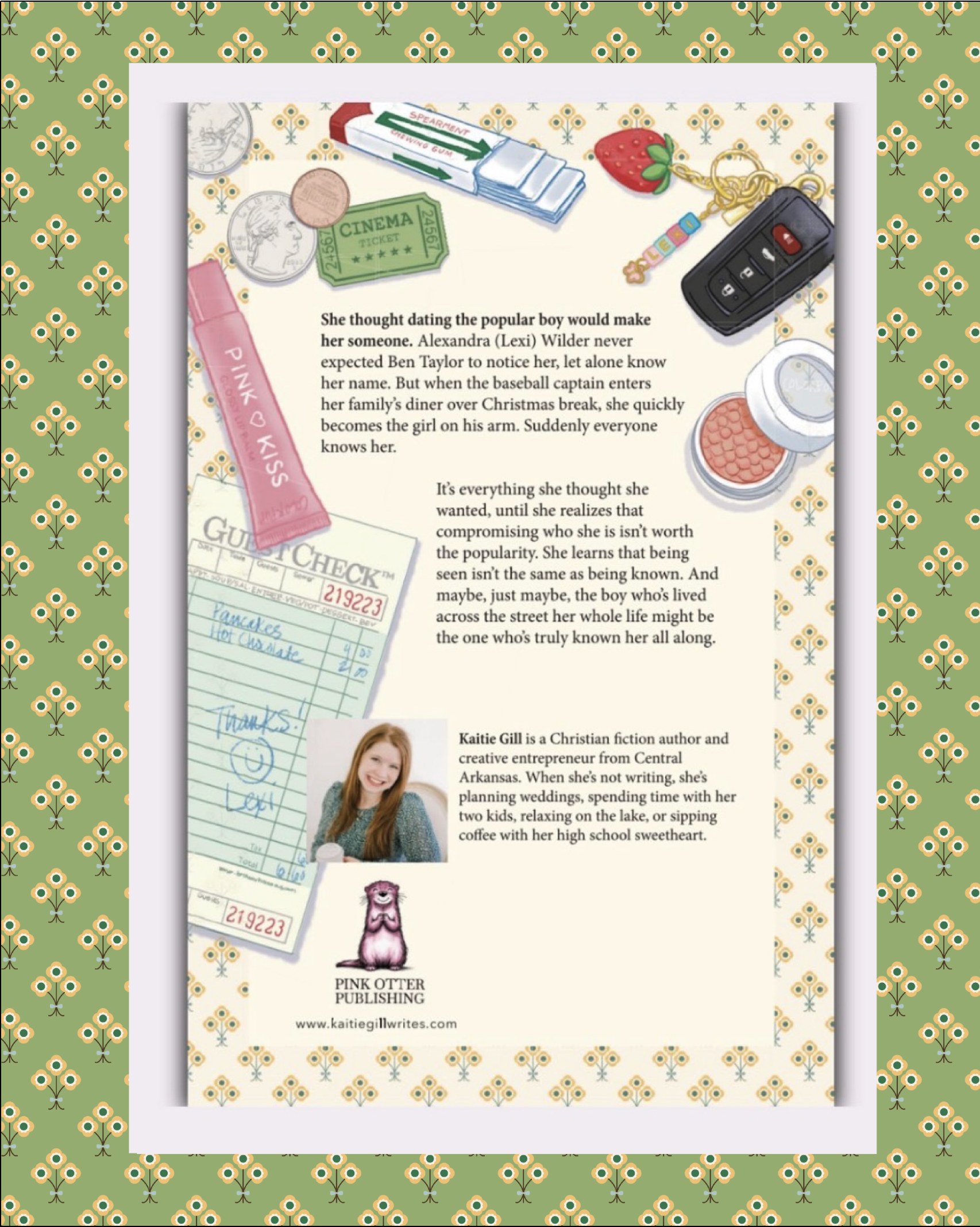 A colorful magazine or book page featuring a story and a photo of a smiling girl holding coffee, with various small objects like a pink lip balm, vintage tickets, a strawberry keychain, and stickers. The background has a green floral pattern, and the page is bordered by a white frame.