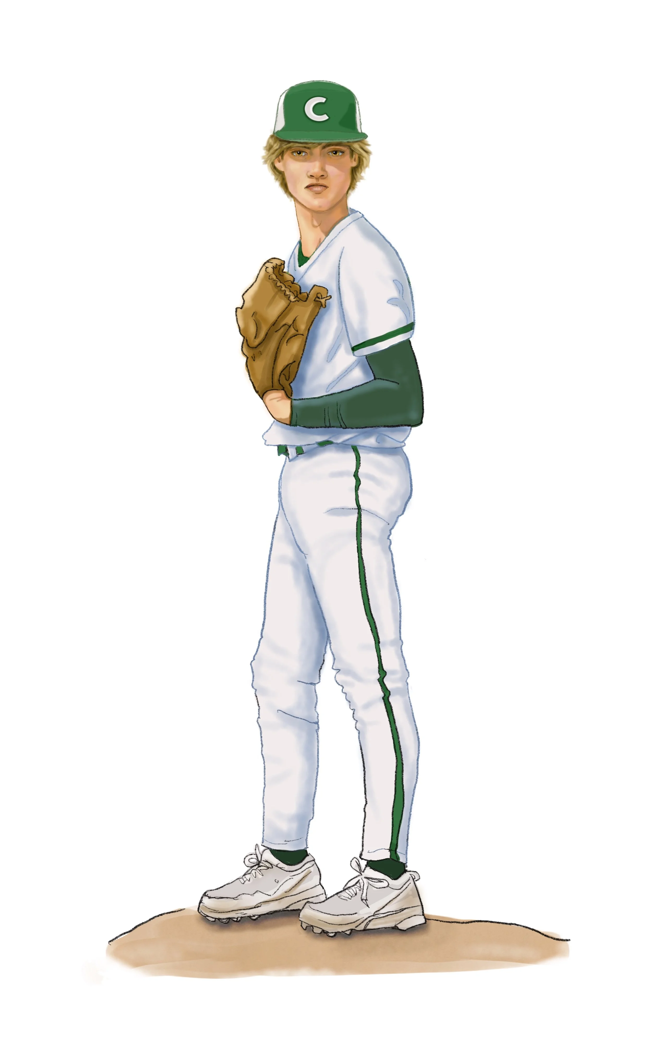 Young male baseball player in a white uniform with green accents, wearing a green cap with a white 'C', holding a glove, standing on a mound.