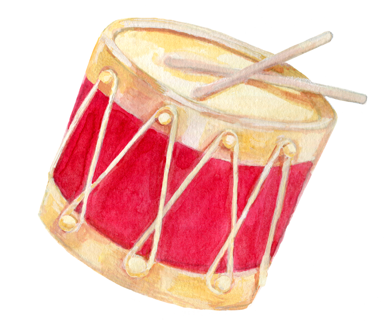 Watercolor painting of a red and tan drum with drumsticks resting on top.