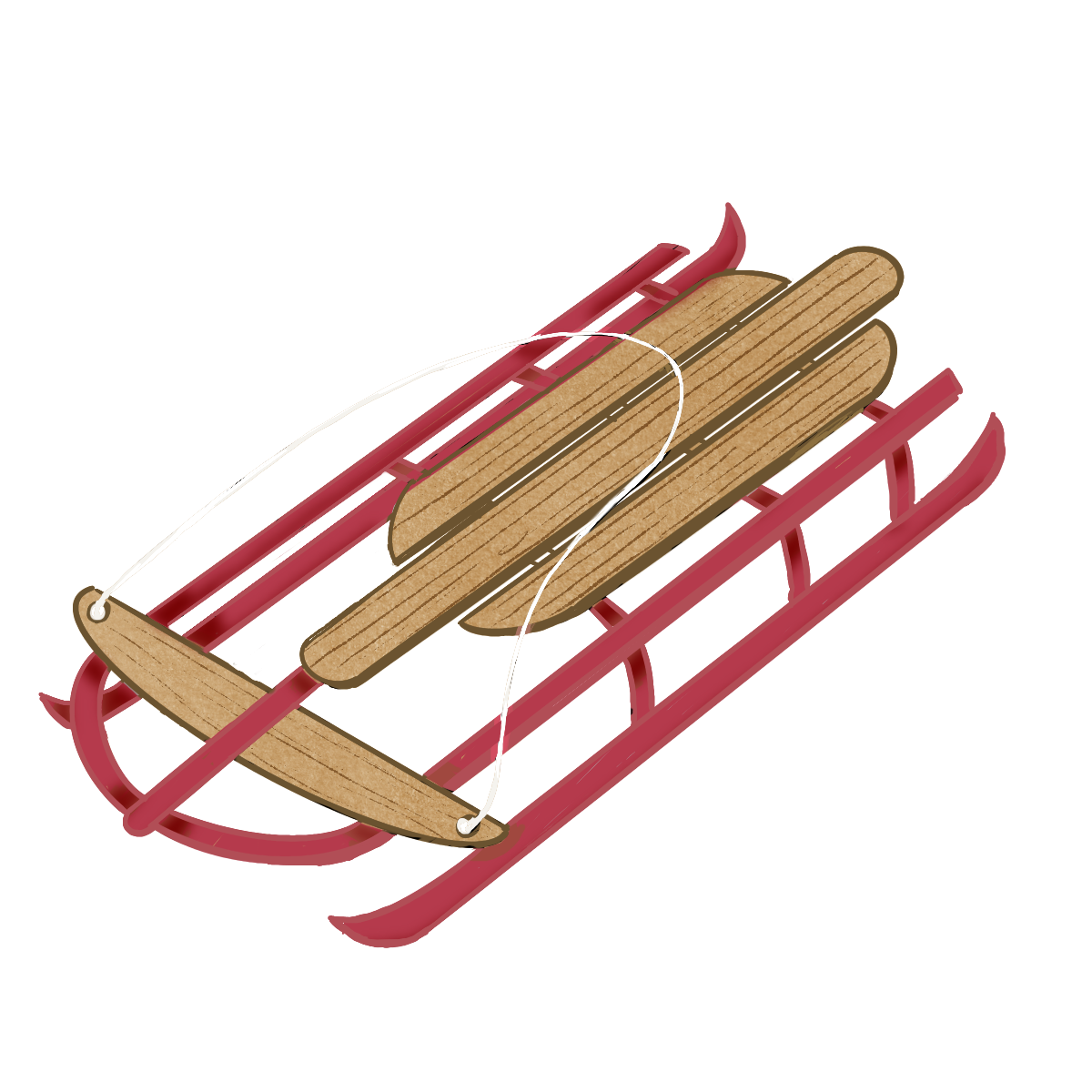 A wooden sled with red metal runners and a seat, designed for sliding down snow-covered slopes.