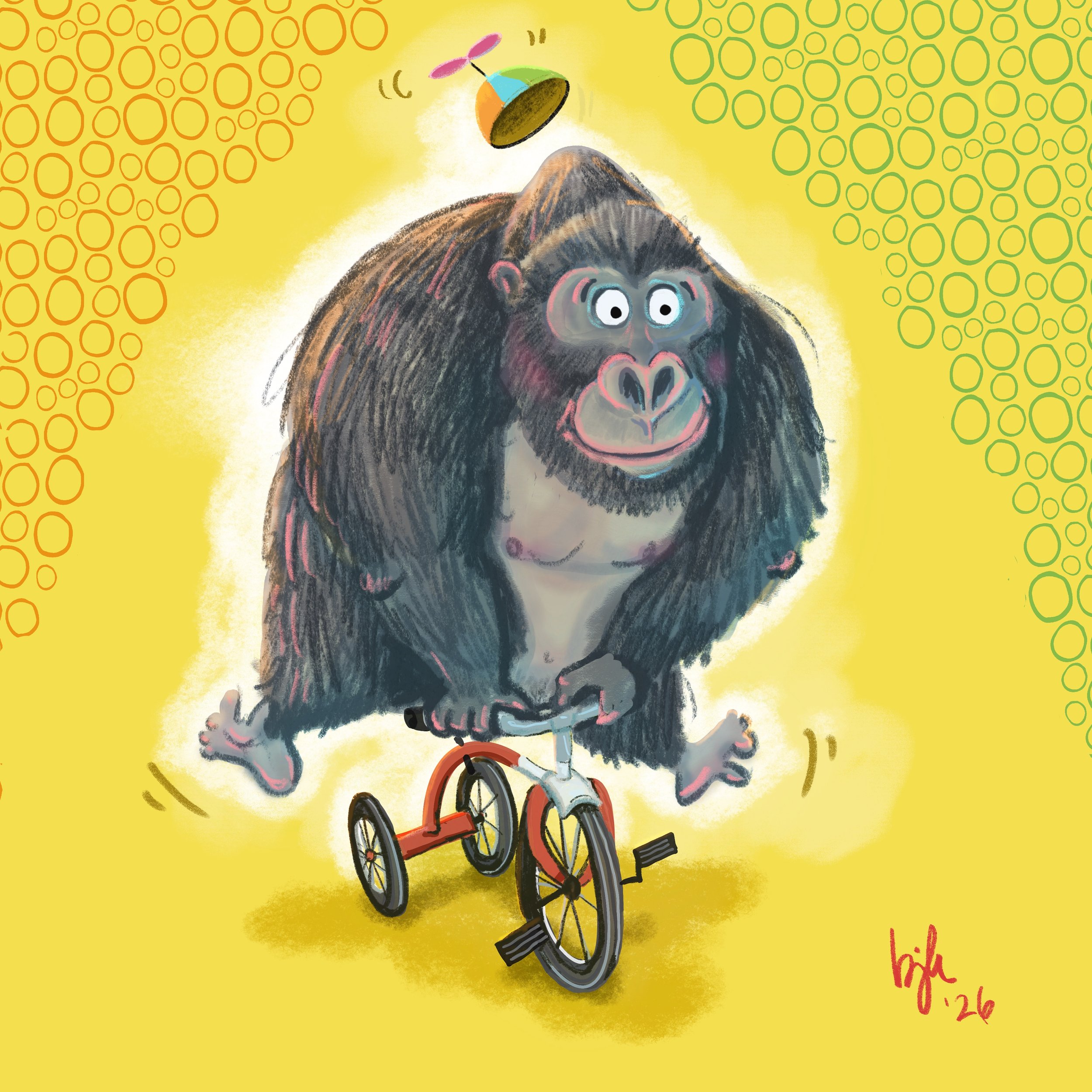 "Gorilla riding a tricycle"