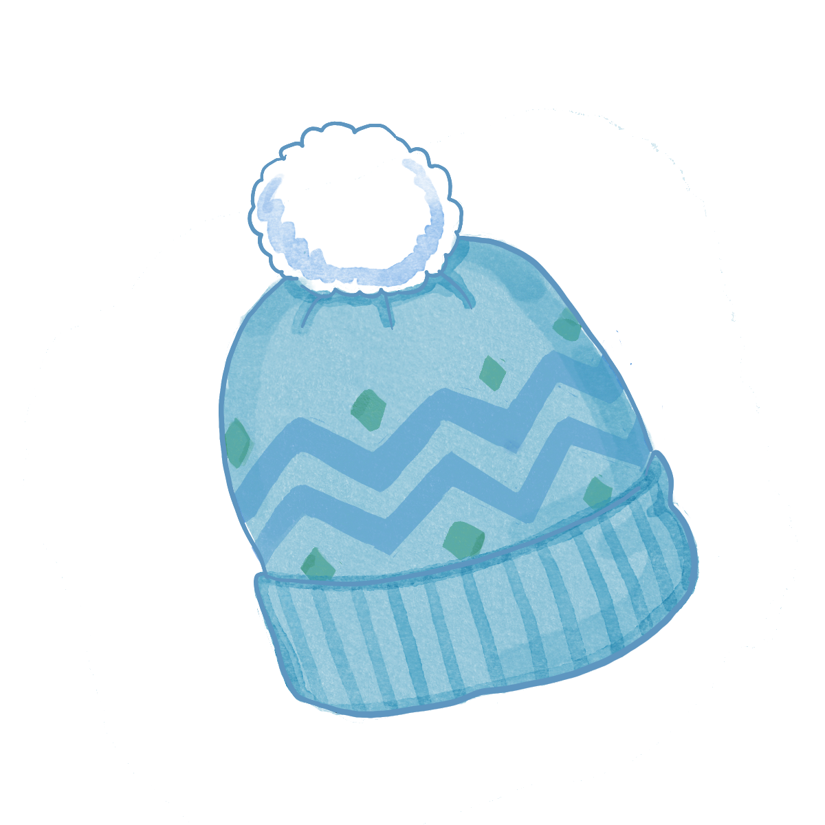 Watercolor illustration of a blue winter knit beanie hat with zigzag and diamond patterns, a fold-over brim with vertical stripes, and a fluffy white pom-pom on top.
