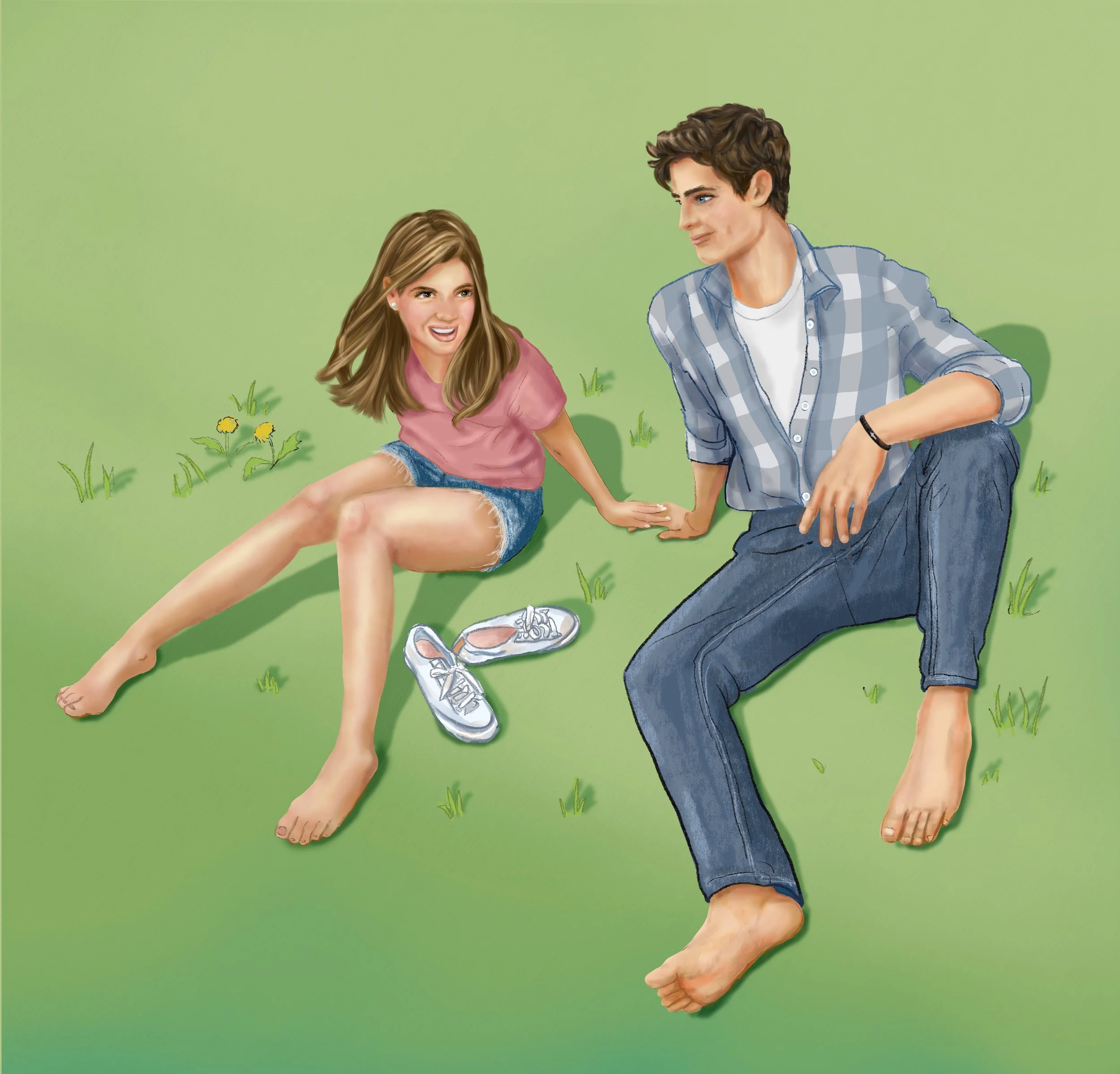 A drawing of a young woman and a young man lying on the grass outdoors, smiling and talking to each other. The woman has light brown hair, wears a pink shirt and denim shorts, and has a pair of sneakers nearby. The young man has dark hair, blue eyes, wears a plaid shirt over a white T-shirt, and dark jeans. The background is simple with a green grass field.